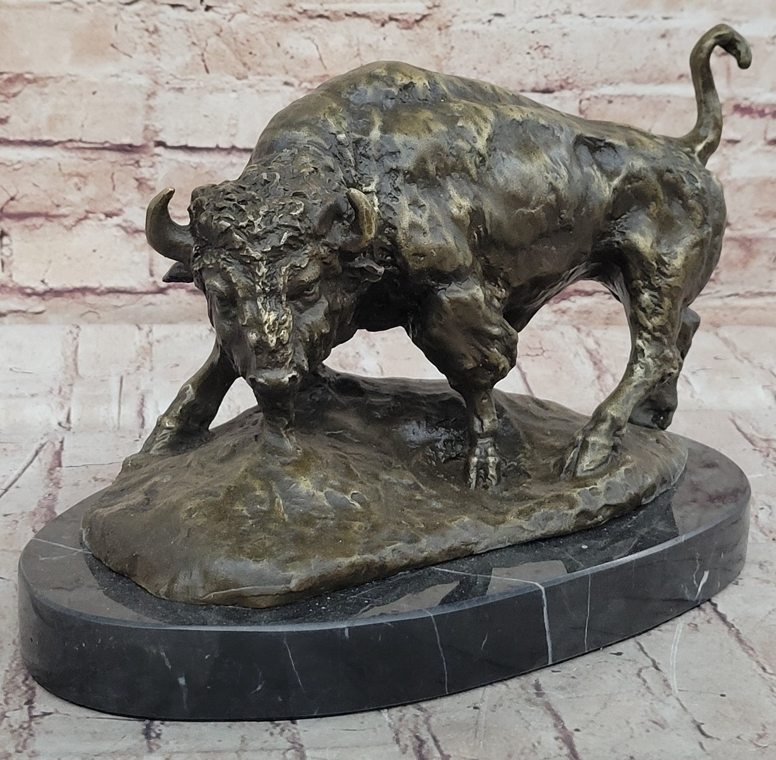 Hot Cast Bronze American Buffalo Sculpture Signed Barye Hand Made Figurine Decor