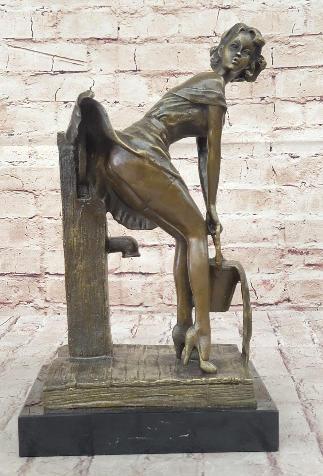 Handcrafted Semi Nude Erotic Art Deco Girl Bronze Sculpture Marble Base Figurine