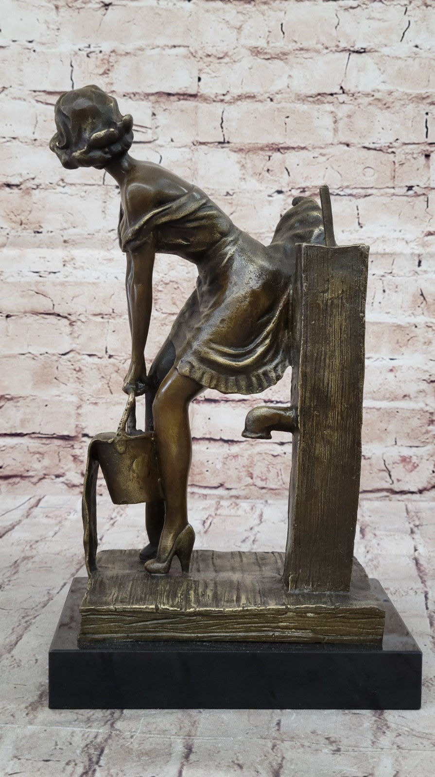 Handcrafted Semi Nude Erotic Art Deco Girl Bronze Sculpture Marble Base Figurine