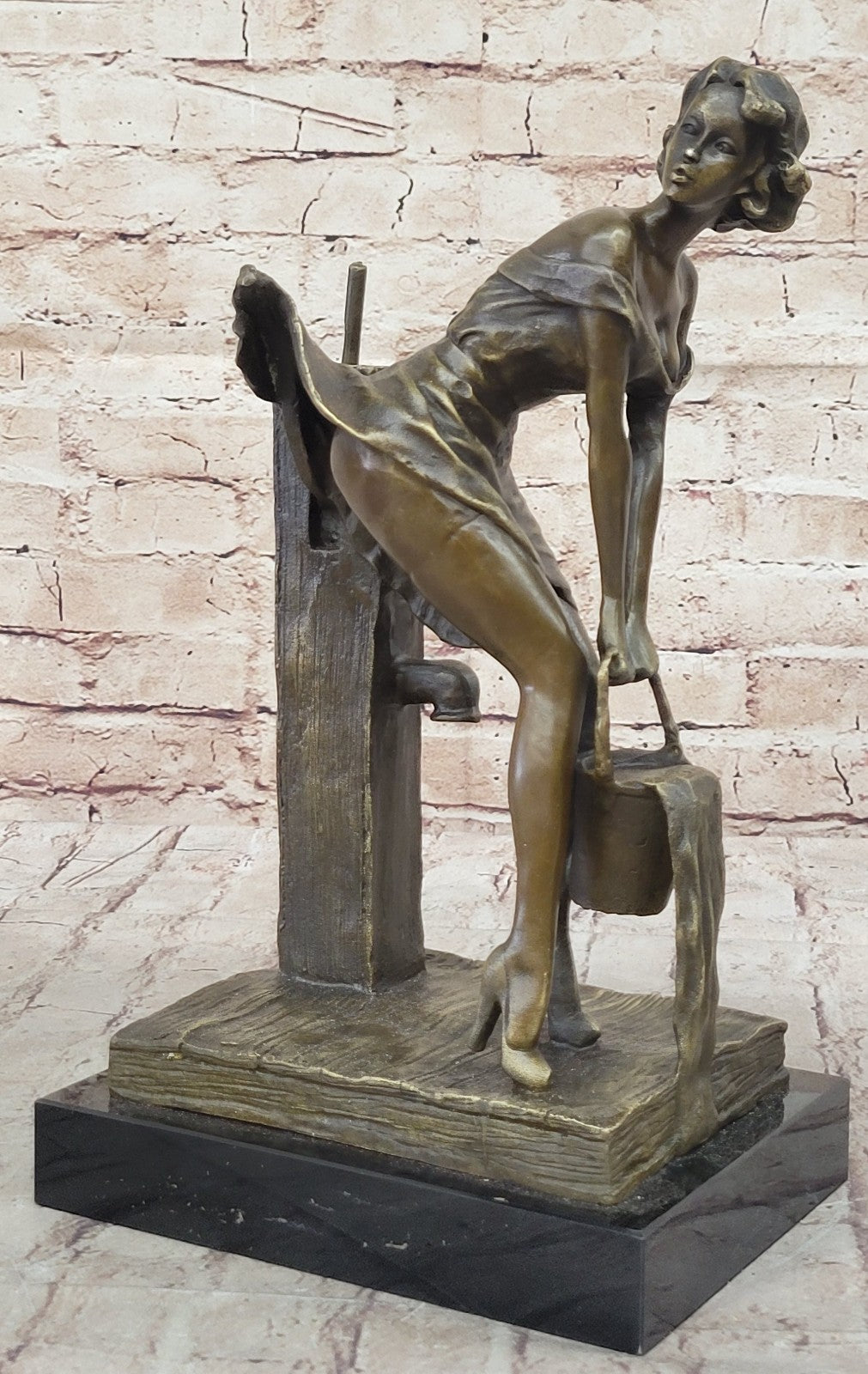 Handcrafted Semi Nude Erotic Art Deco Girl Bronze Sculpture Marble Base Figurine