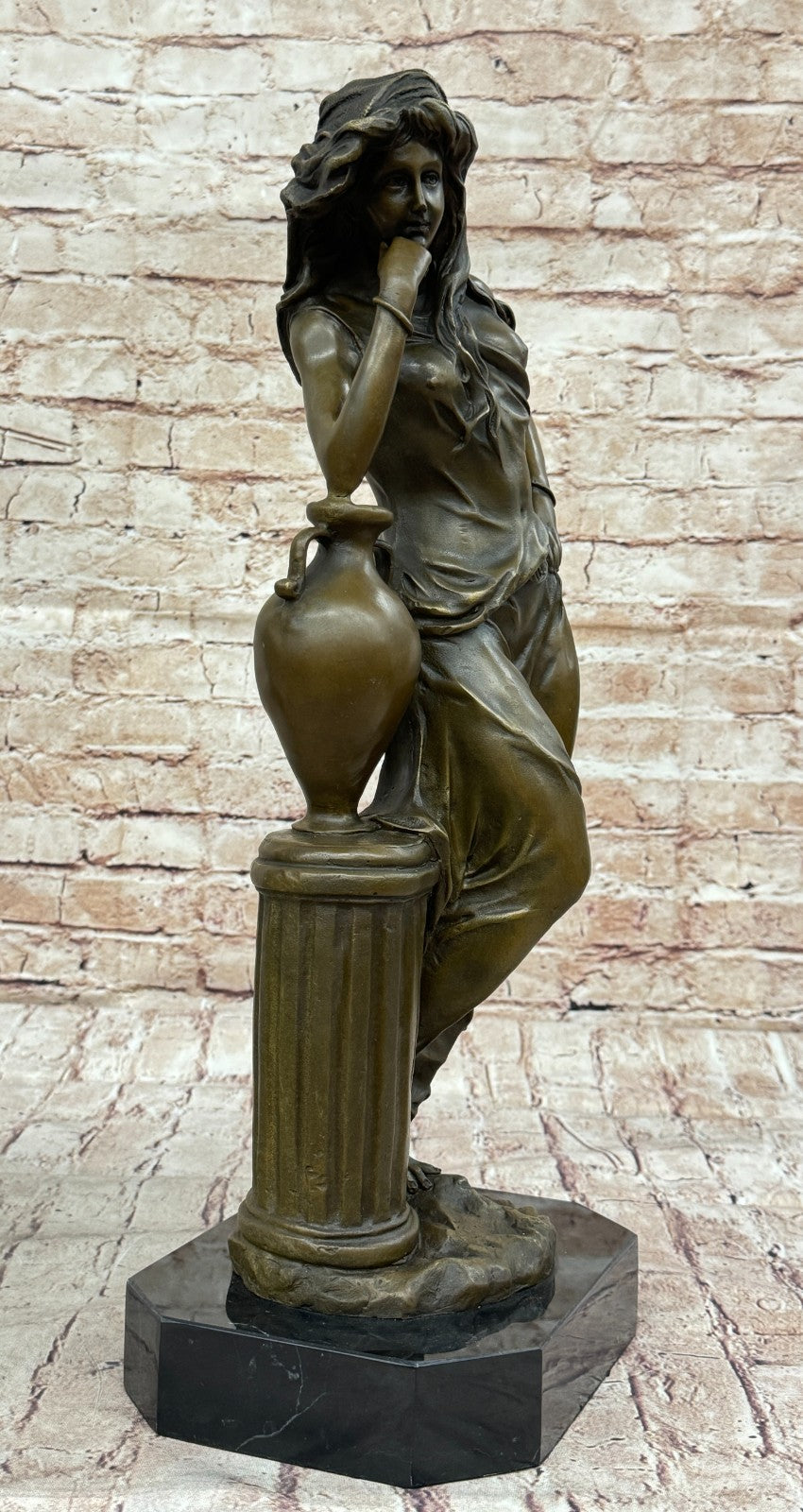 Handcrafted bronze sculpture SALE Again Leaning Ponders Maiden Beautiful Signed