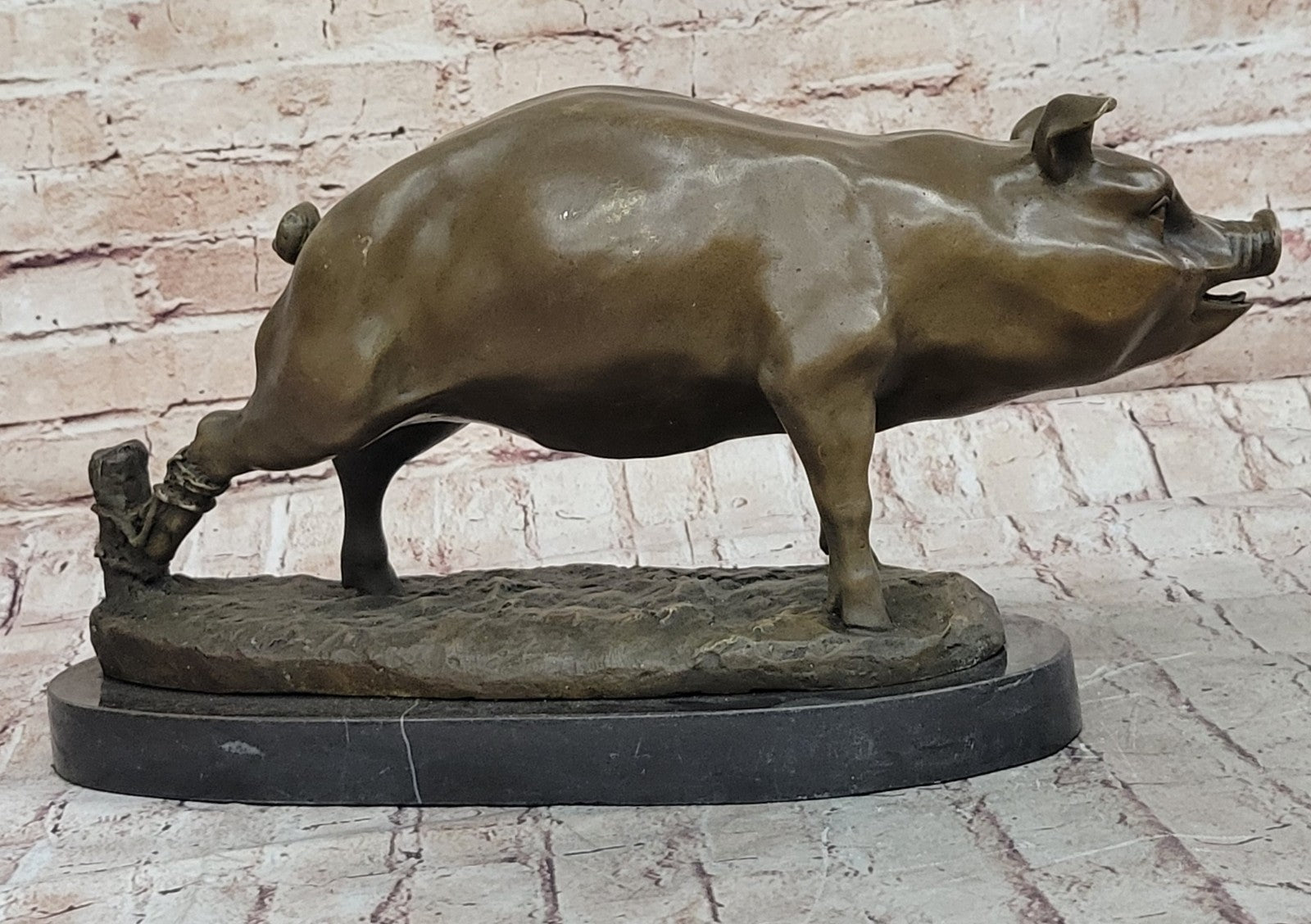 Bronze Sculpture Collectible Statue Animal SIGNED BARYE HAPPY PIG Figurine Decor