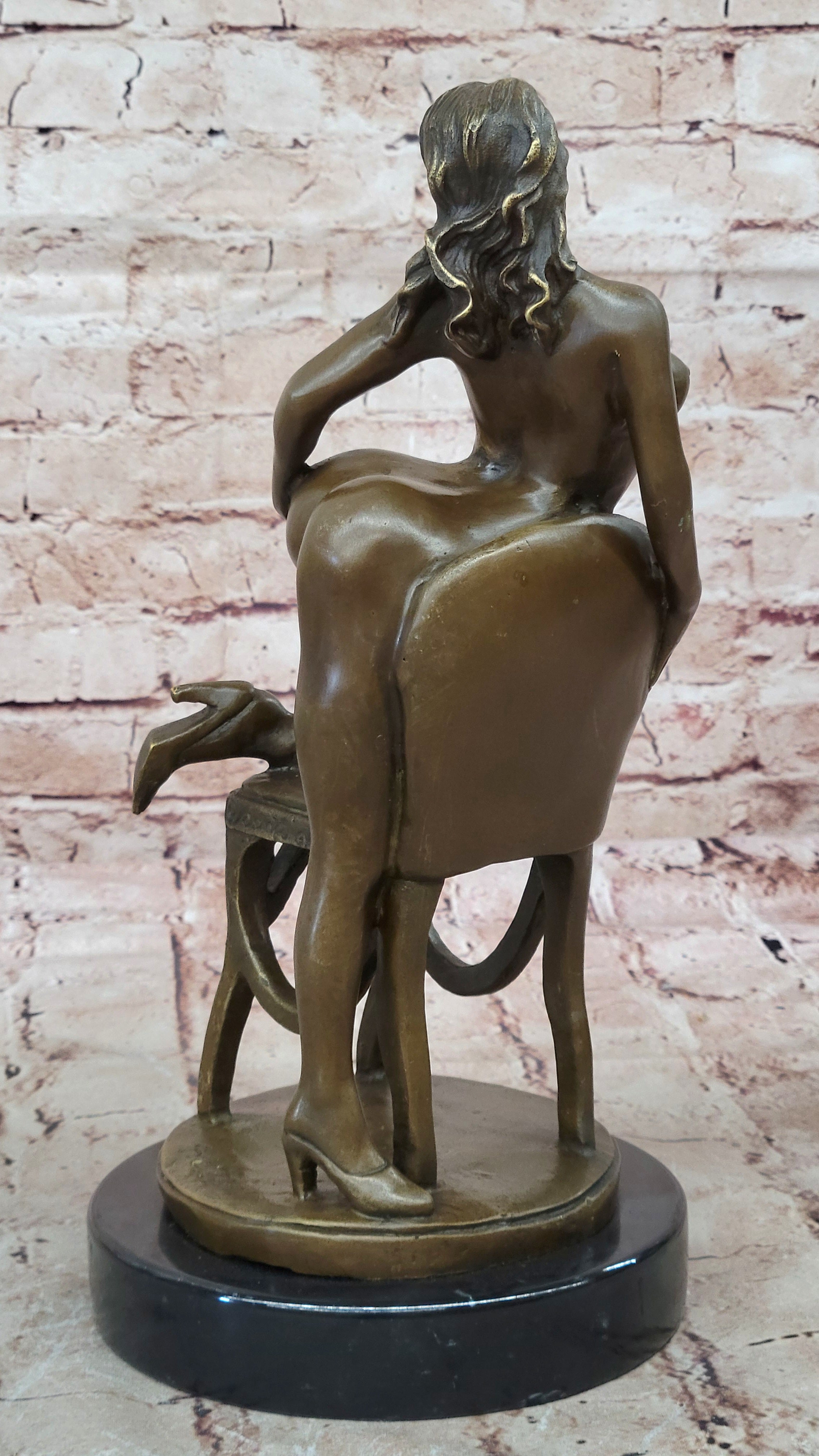 SEXY NUDE GIRL POSING ON CHAIR BRONZE SCULPTURE ART DECO HOTCAST FIGURINE DECOR