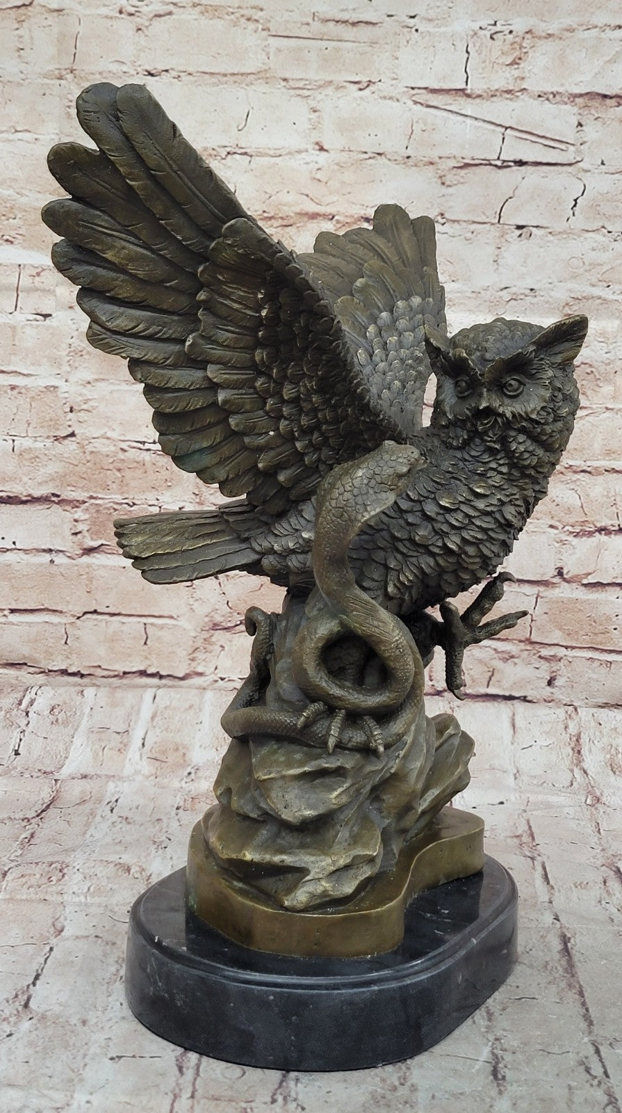 Handcrafted Detailed Snake Fighting Owl Bronze Sculpture Marble Base Figurine