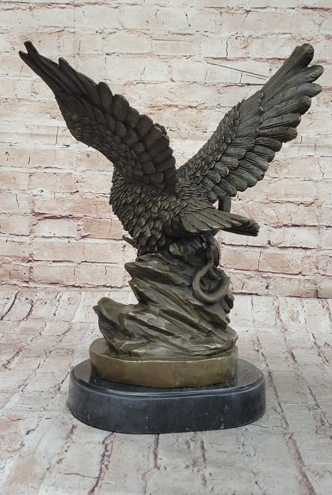 Handcrafted Detailed Snake Fighting Owl Bronze Sculpture Marble Base Figurine