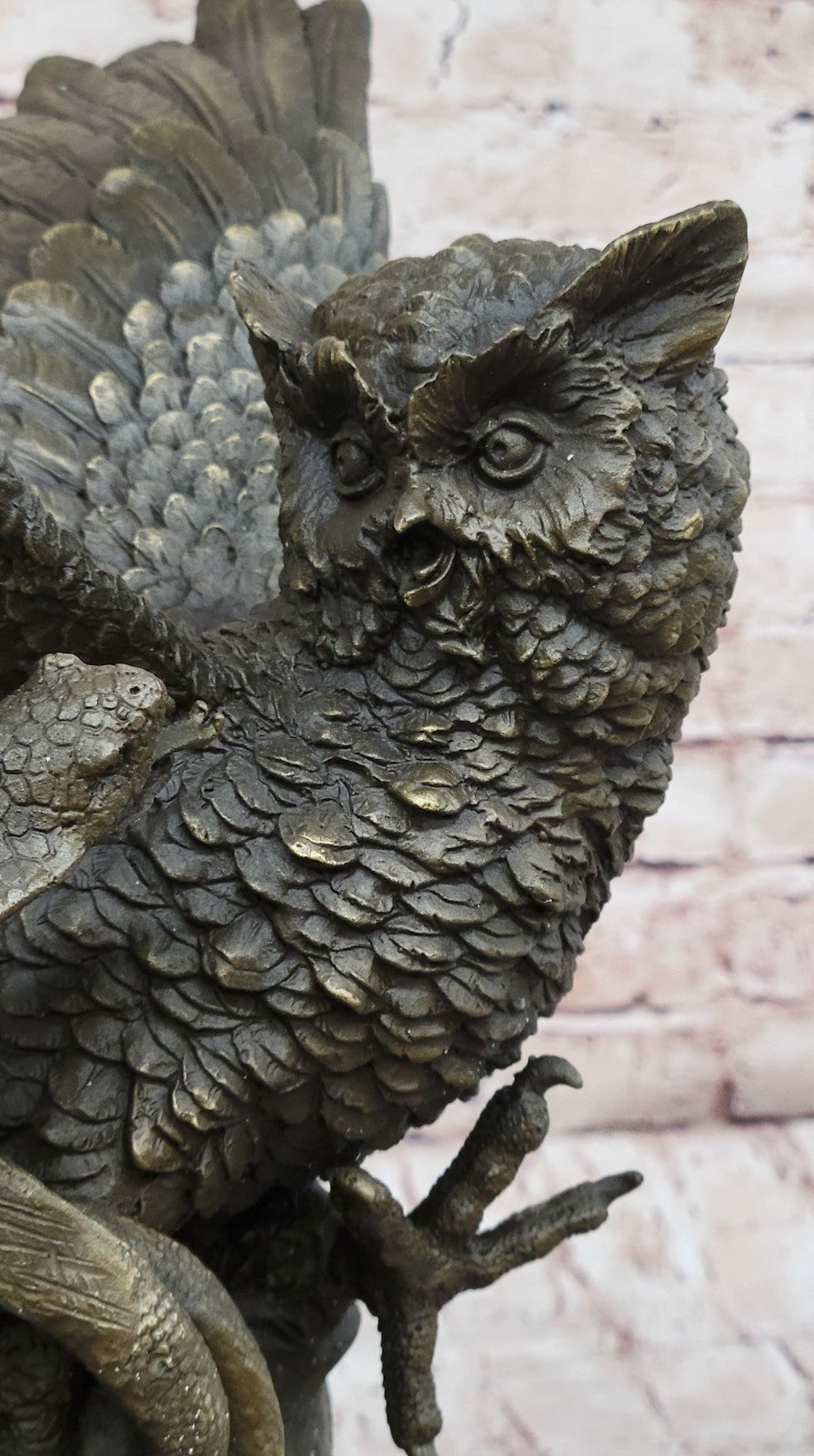 Handcrafted Detailed Snake Fighting Owl Bronze Sculpture Marble Base Figurine