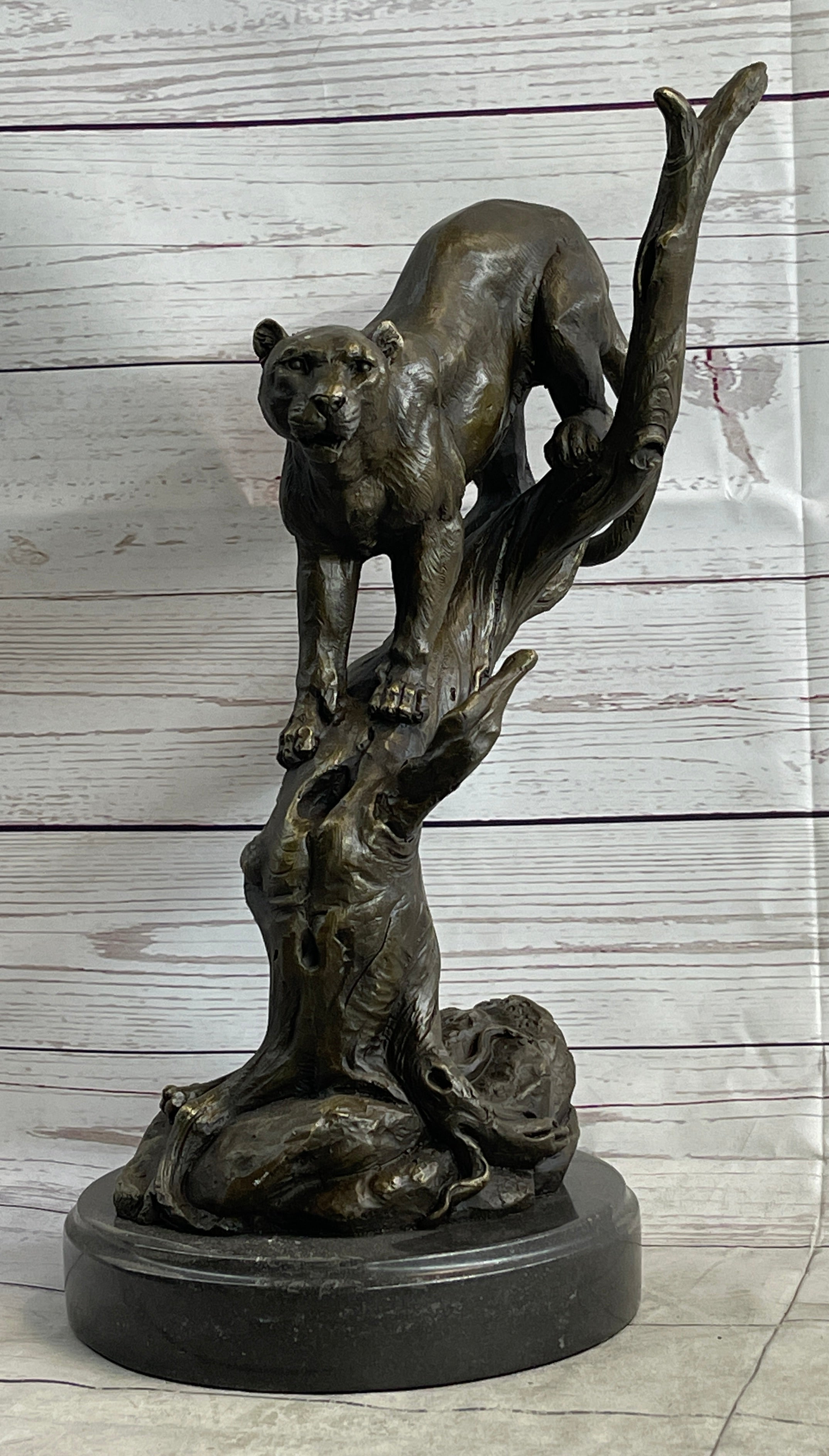 LARGE BRONZE SCULPTURE LION PANTHER TIGER PUMA COUGAR BIG CAT STATUE AFRICAN ART