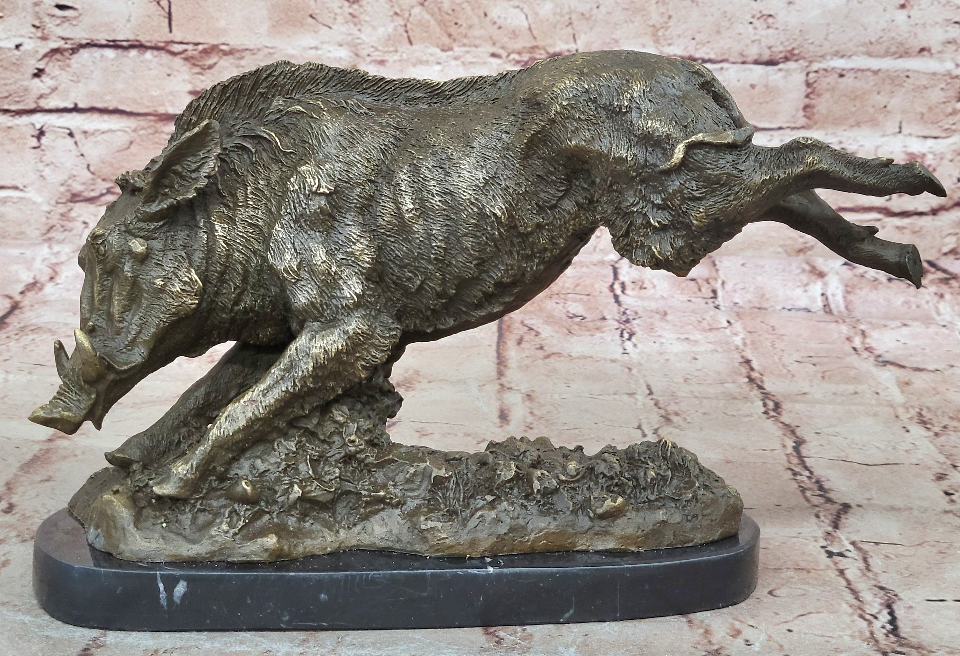 China Chinese Marble Base Bronze Wild Animal Boar Pig Figure Statue Sculpture