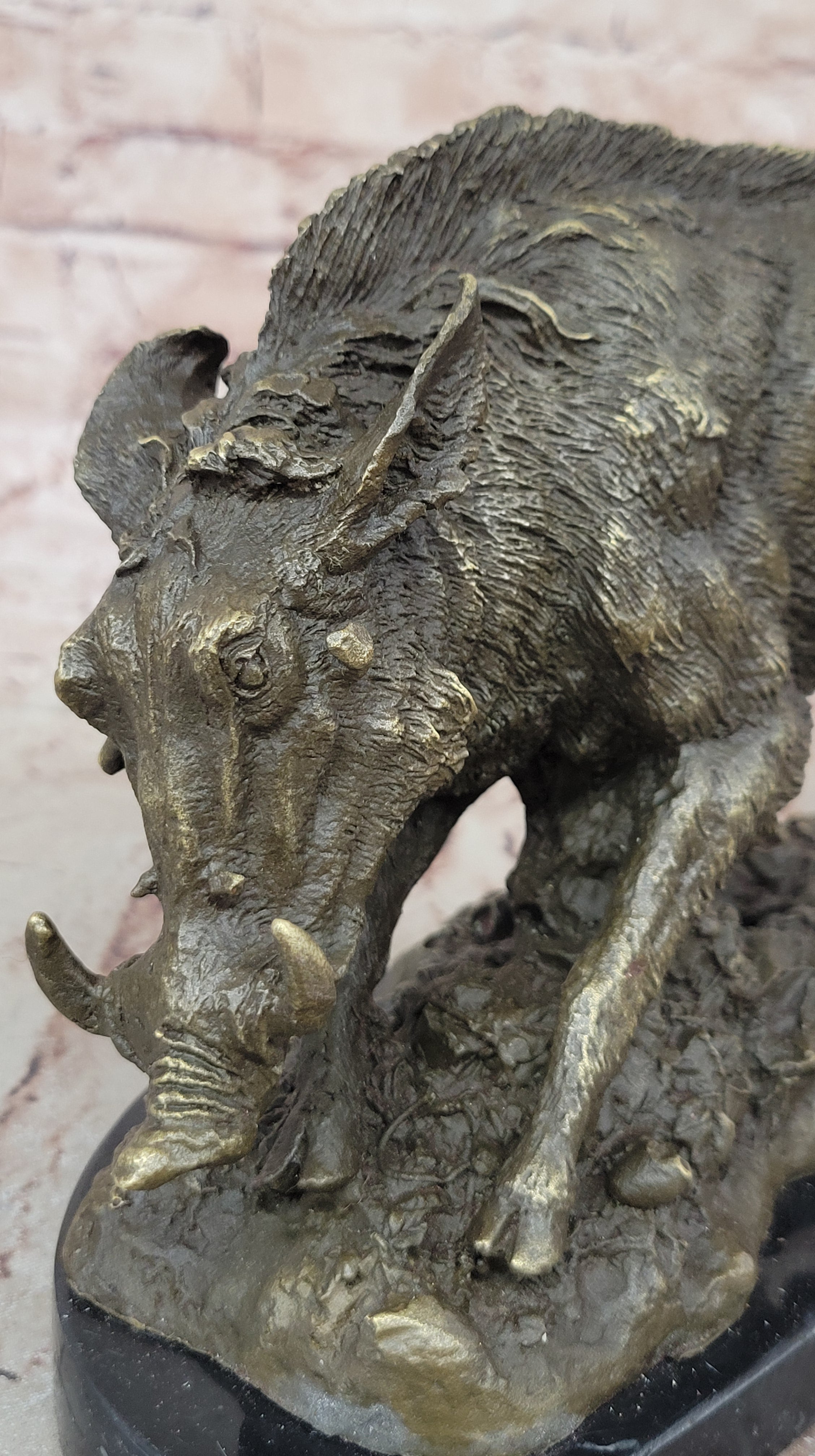 China Chinese Marble Base Bronze Wild Animal Boar Pig Figure Statue Sculpture