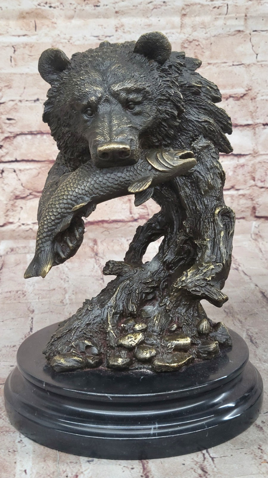 Bronze Sculpture Statue Bear Head Bust With Fish Marble Handcrafted Figurine Ar