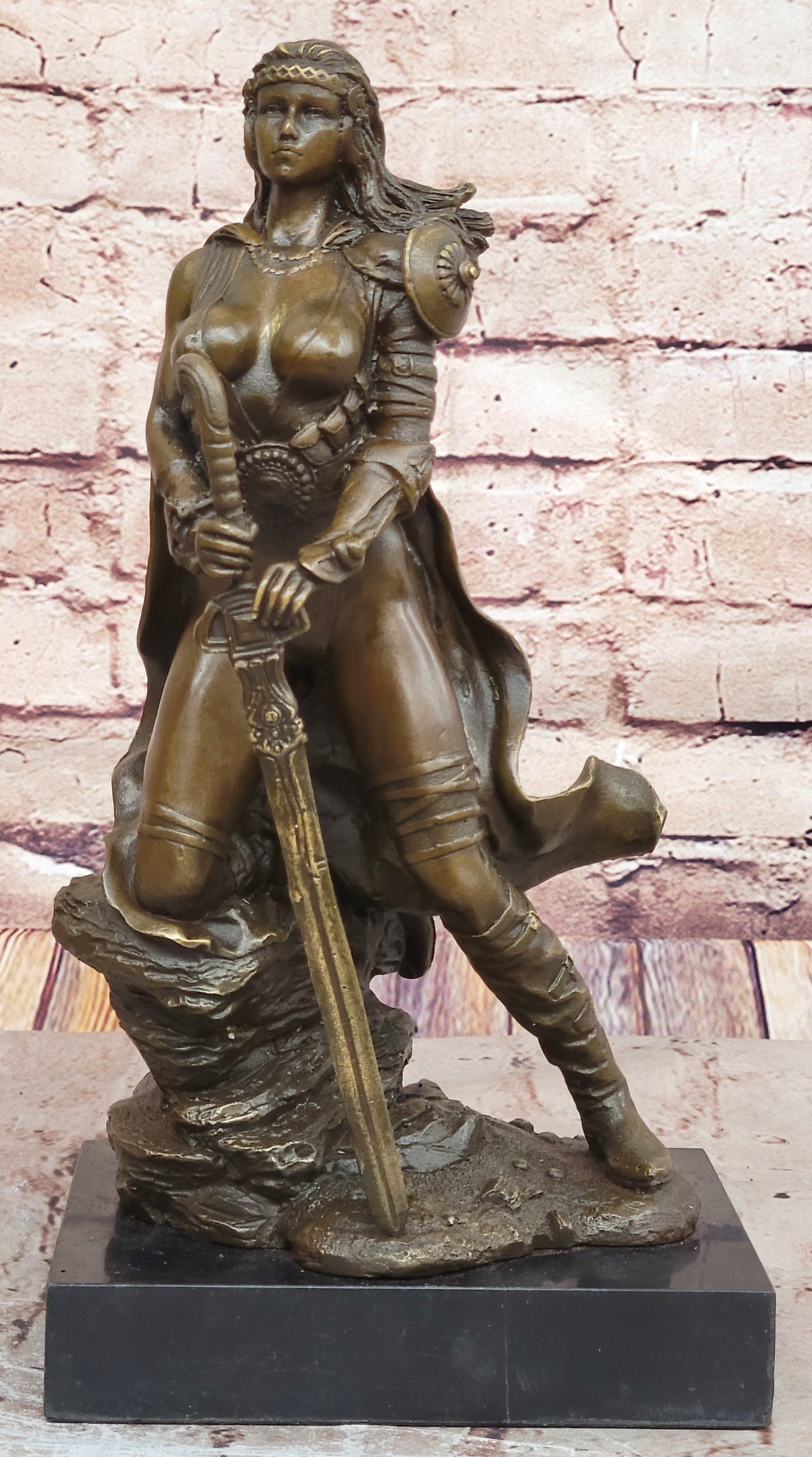 Signed Original Tough Amazon Warrior Girl Bronze Sculpture Statue Marble Figure