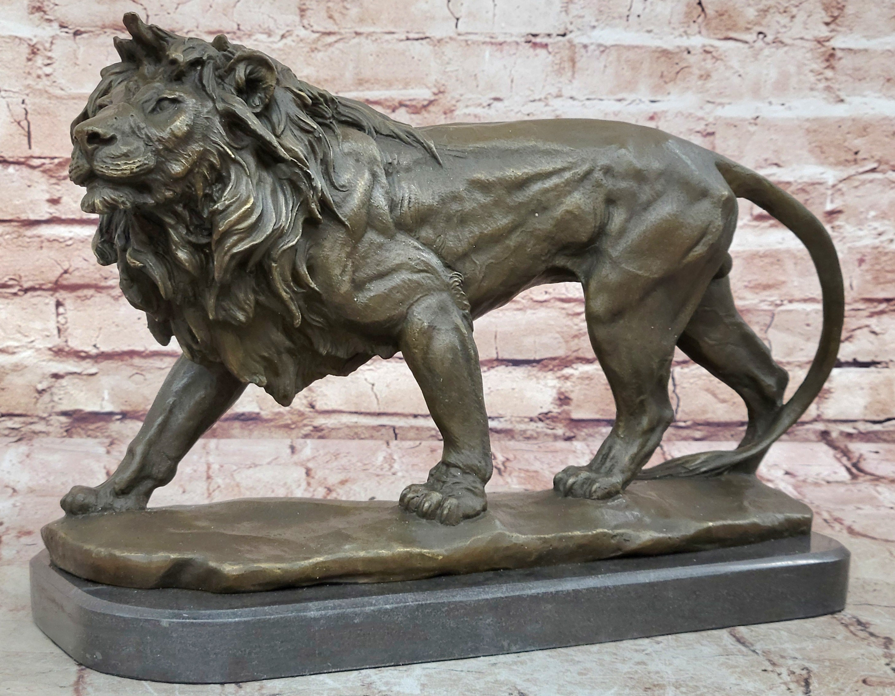 Hot Cast Barye Signed Bronze Royal Lion Statue Sculpture Bust Marble Base Decor