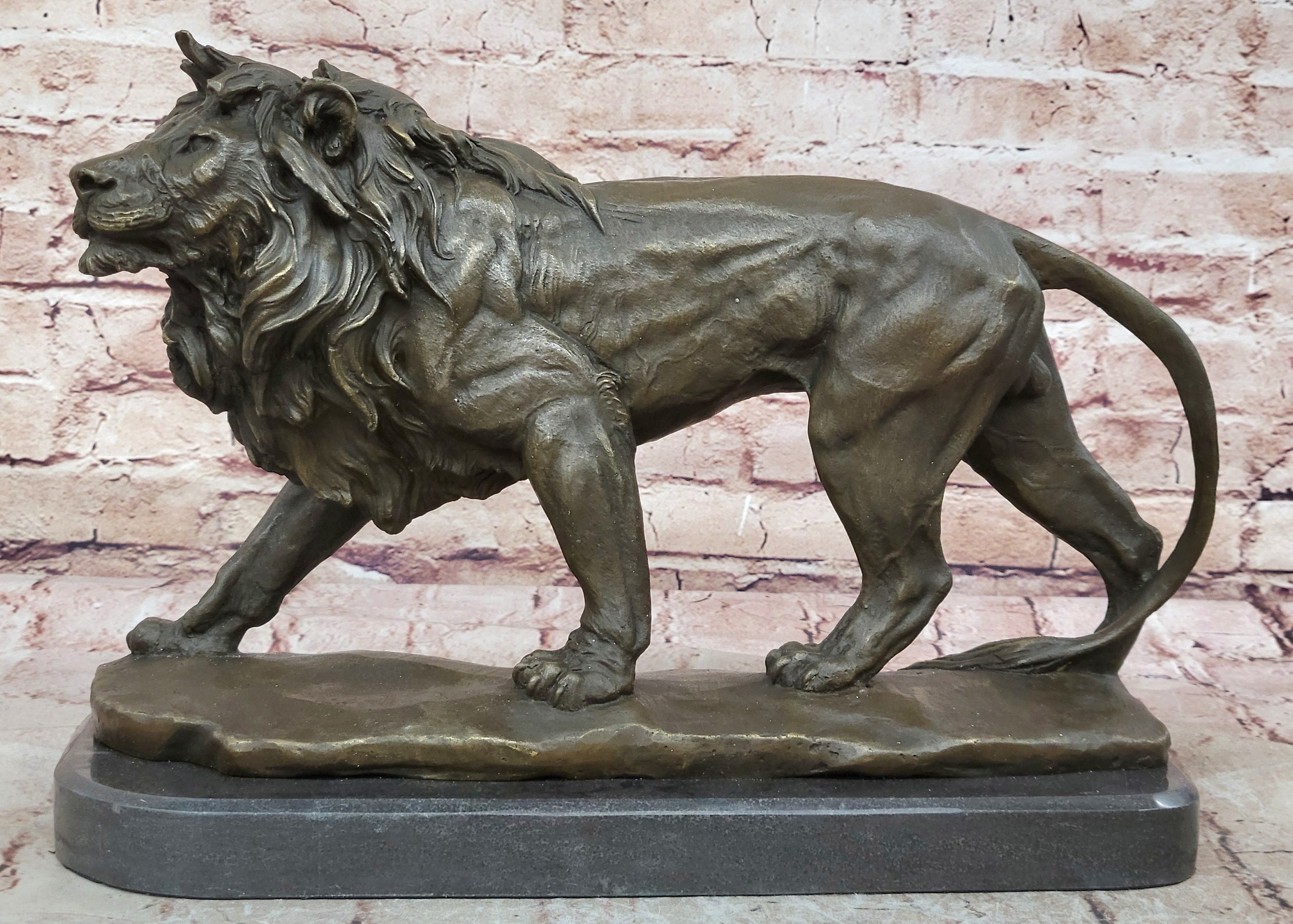 Hot Cast Barye Signed Bronze Royal Lion Statue Sculpture Bust Marble Base Decor