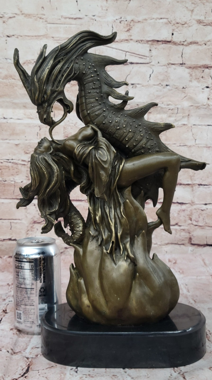 Handcrafted Hot Cast Nude Girl and Large Dragon Bronze Fantasy Sculpture Patoue