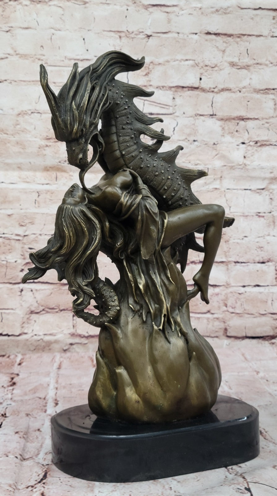 Handcrafted Hot Cast Nude Girl and Large Dragon Bronze Fantasy Sculpture Patoue