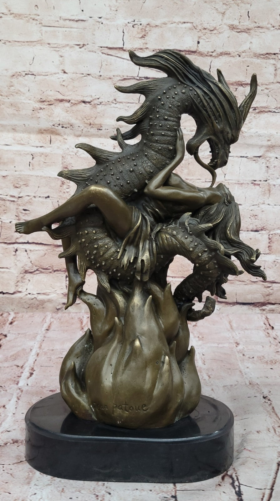 Handcrafted Hot Cast Nude Girl and Large Dragon Bronze Fantasy Sculpture Patoue