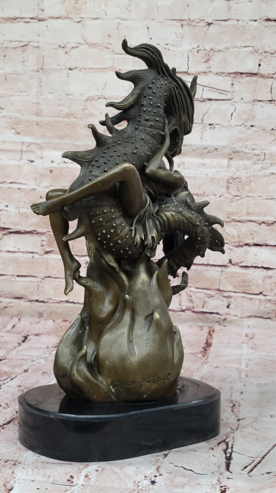 Handcrafted Hot Cast Nude Girl and Large Dragon Bronze Fantasy Sculpture Patoue