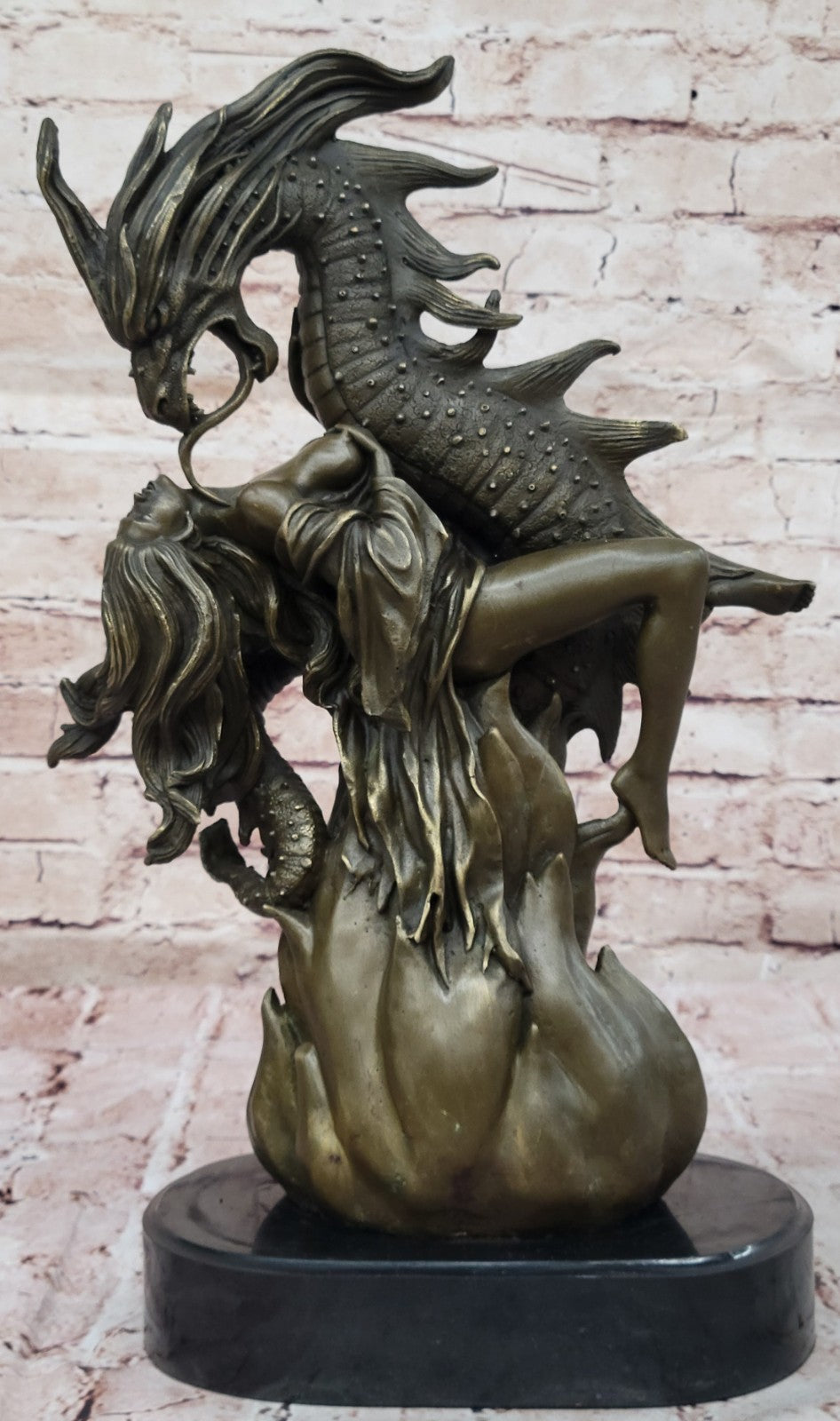 Handcrafted Hot Cast Nude Girl and Large Dragon Bronze Fantasy Sculpture Patoue