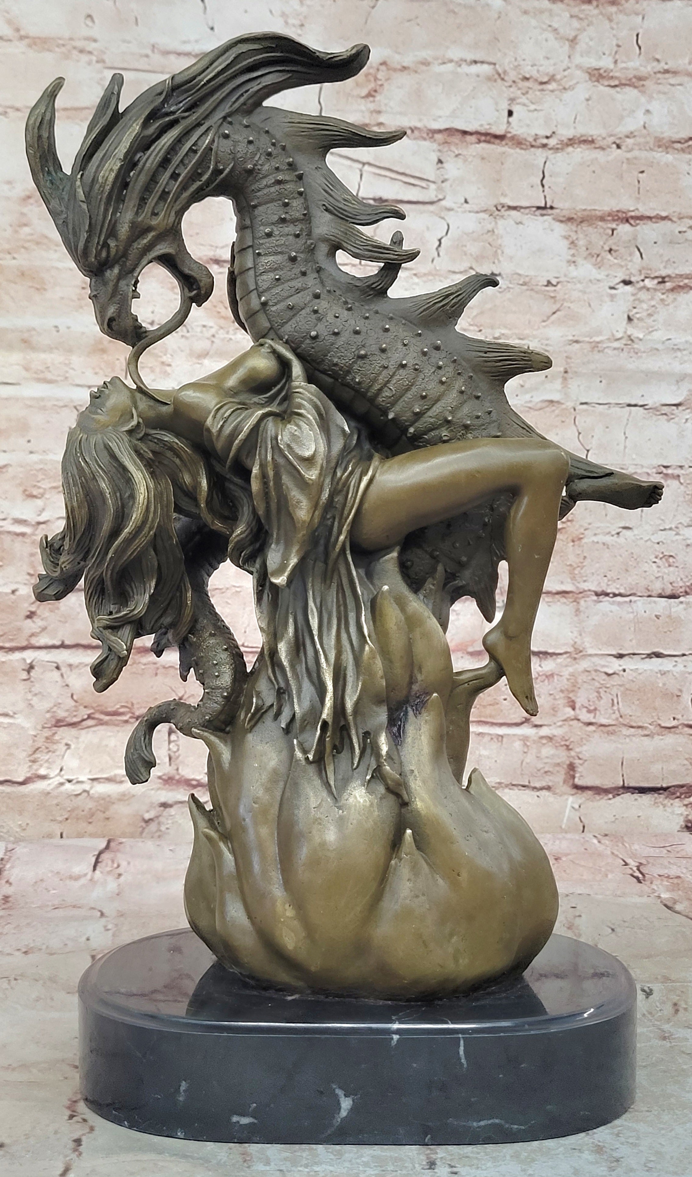 Handcrafted Hot Cast Nude Girl and Large Dragon Bronze Fantasy Sculpture Patoue