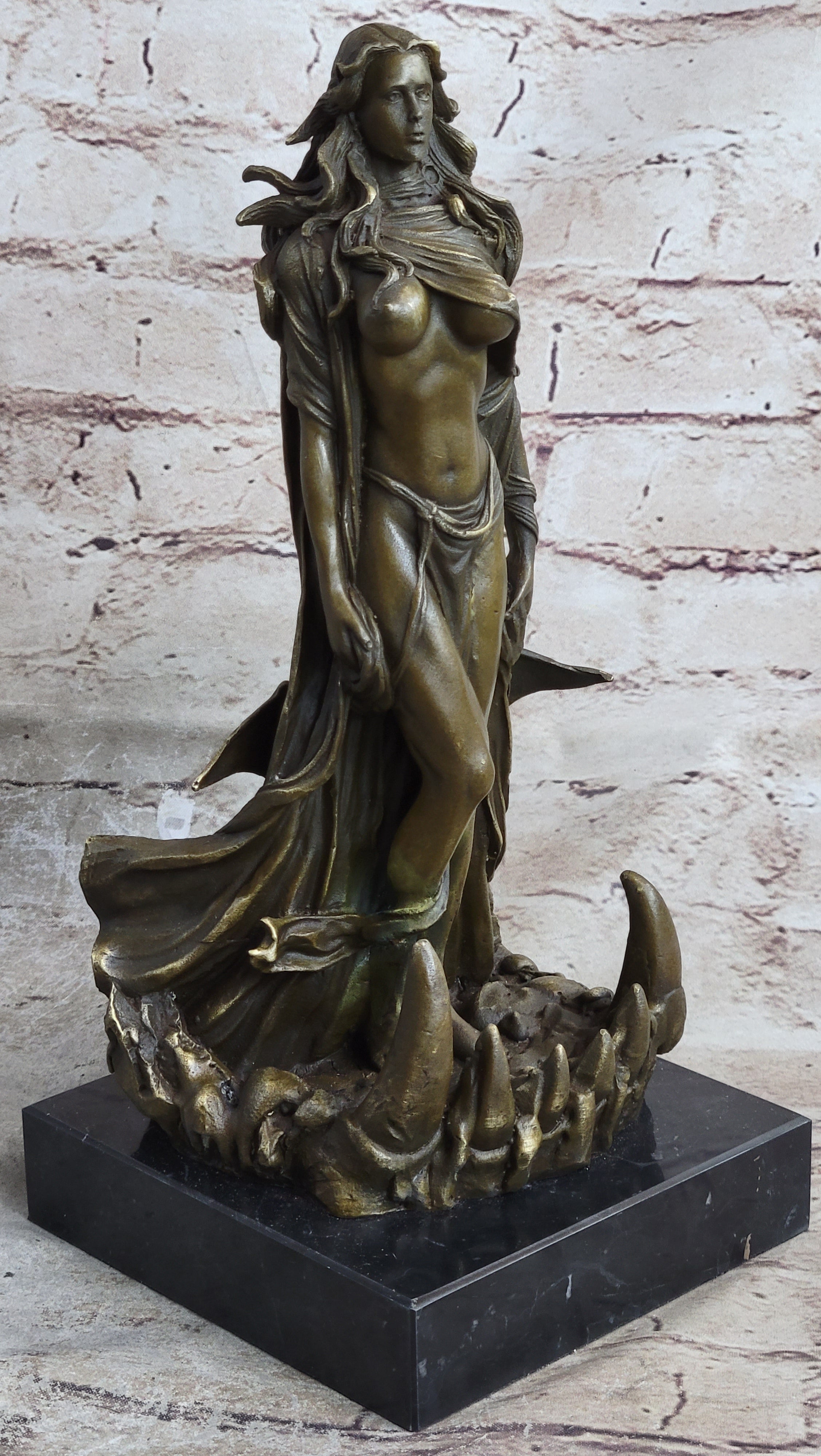 French Sexy Sorceress Nude Curvaceous Body Bronze Marble Statue Hot Cast Figure