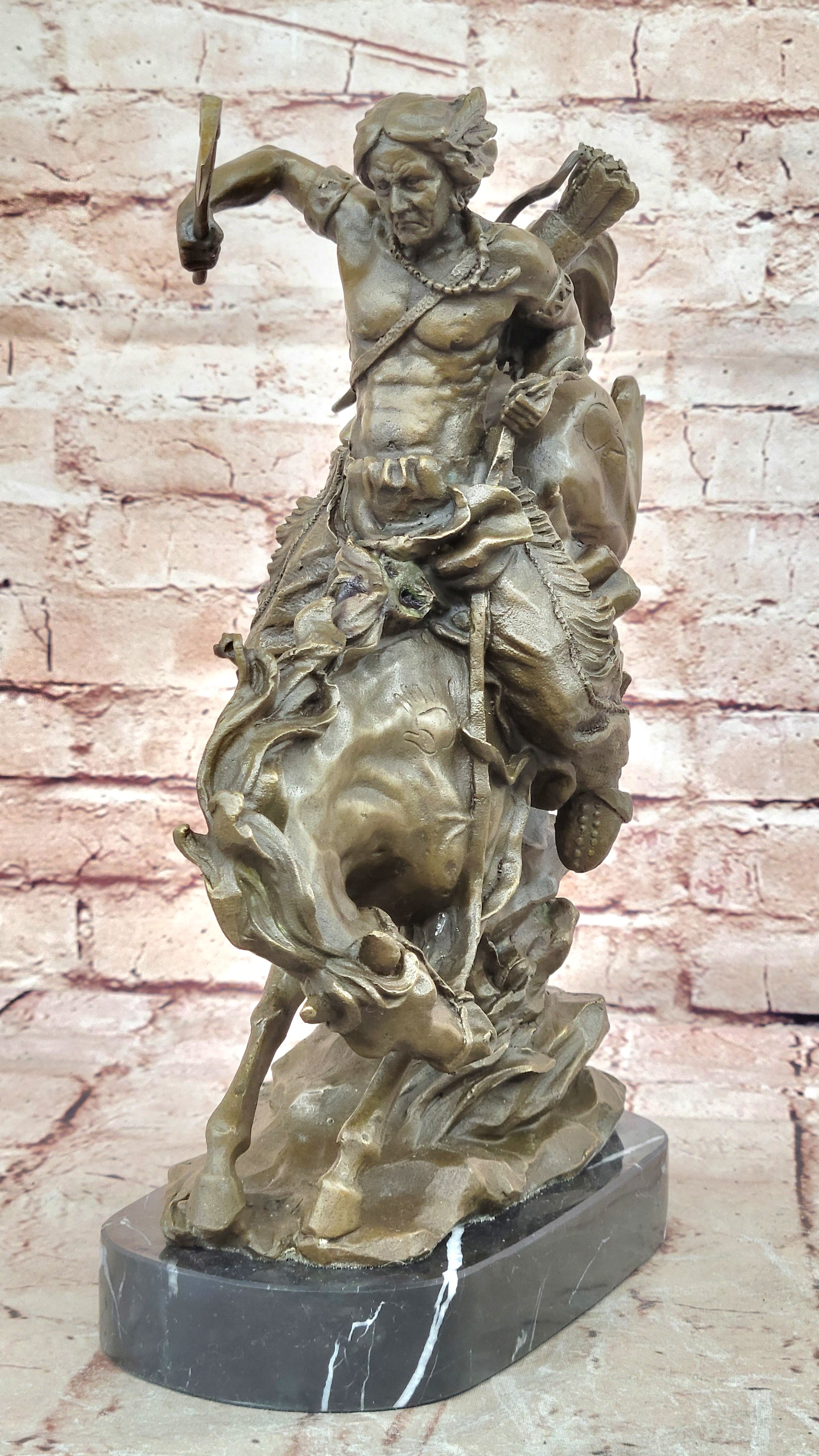 Bronze Sculpture Indian Chief Riding Horse With Axe Hot Cast Marble Base Figurine