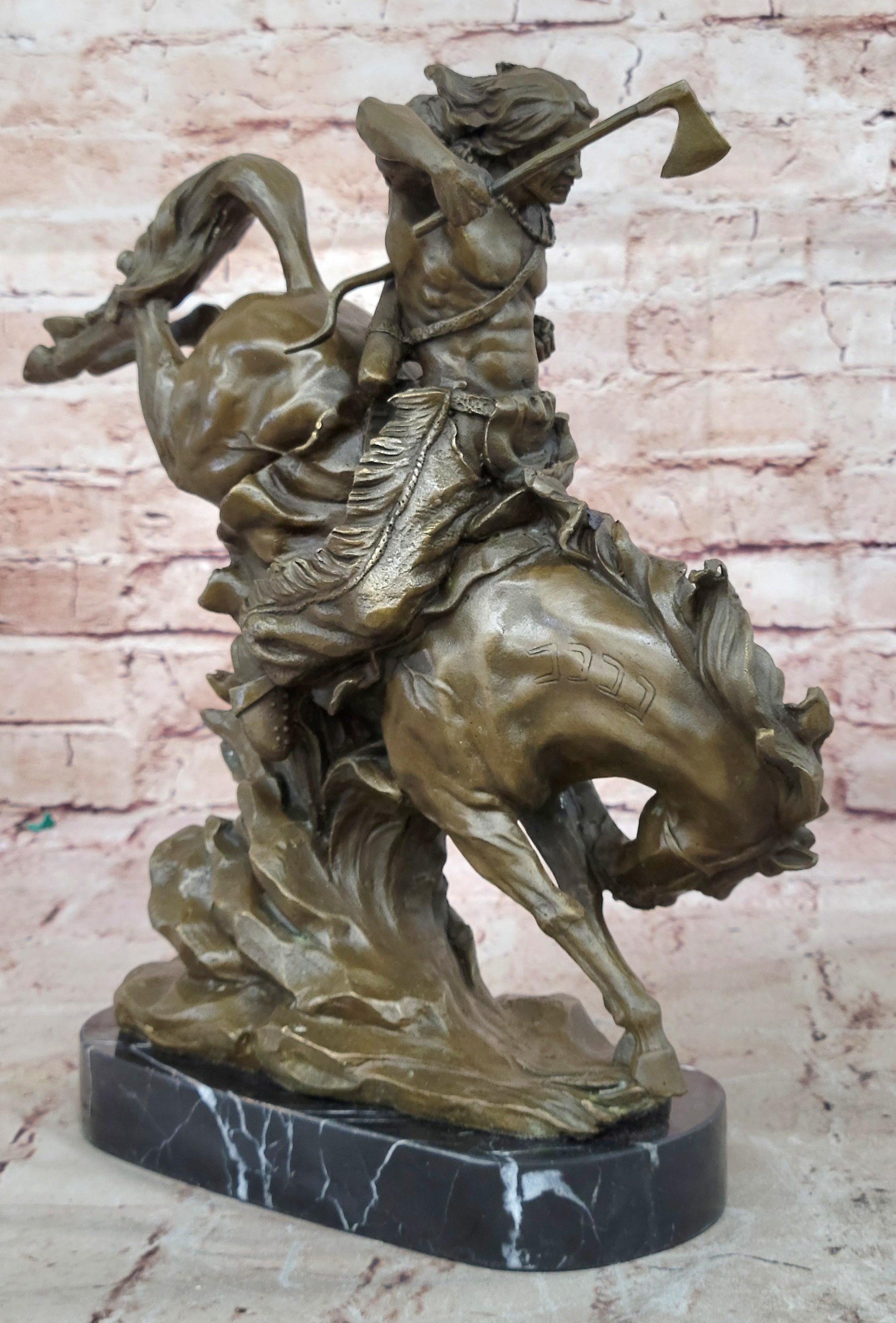Bronze Sculpture Indian Chief Riding Horse With Axe Hot Cast Marble Base Figurine