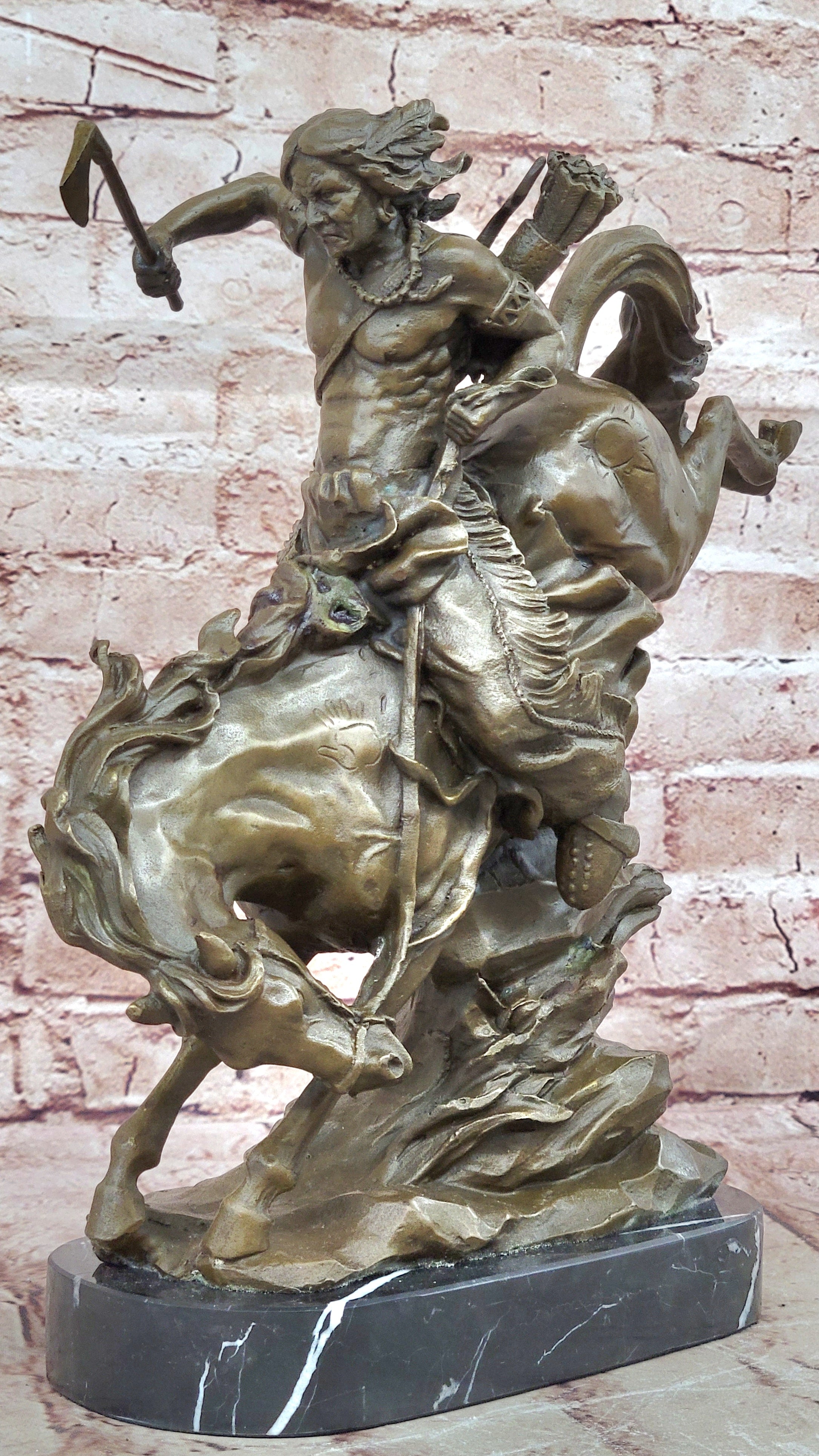 Bronze Sculpture Indian Chief Riding Horse With Axe Hot Cast Marble Base Figurine