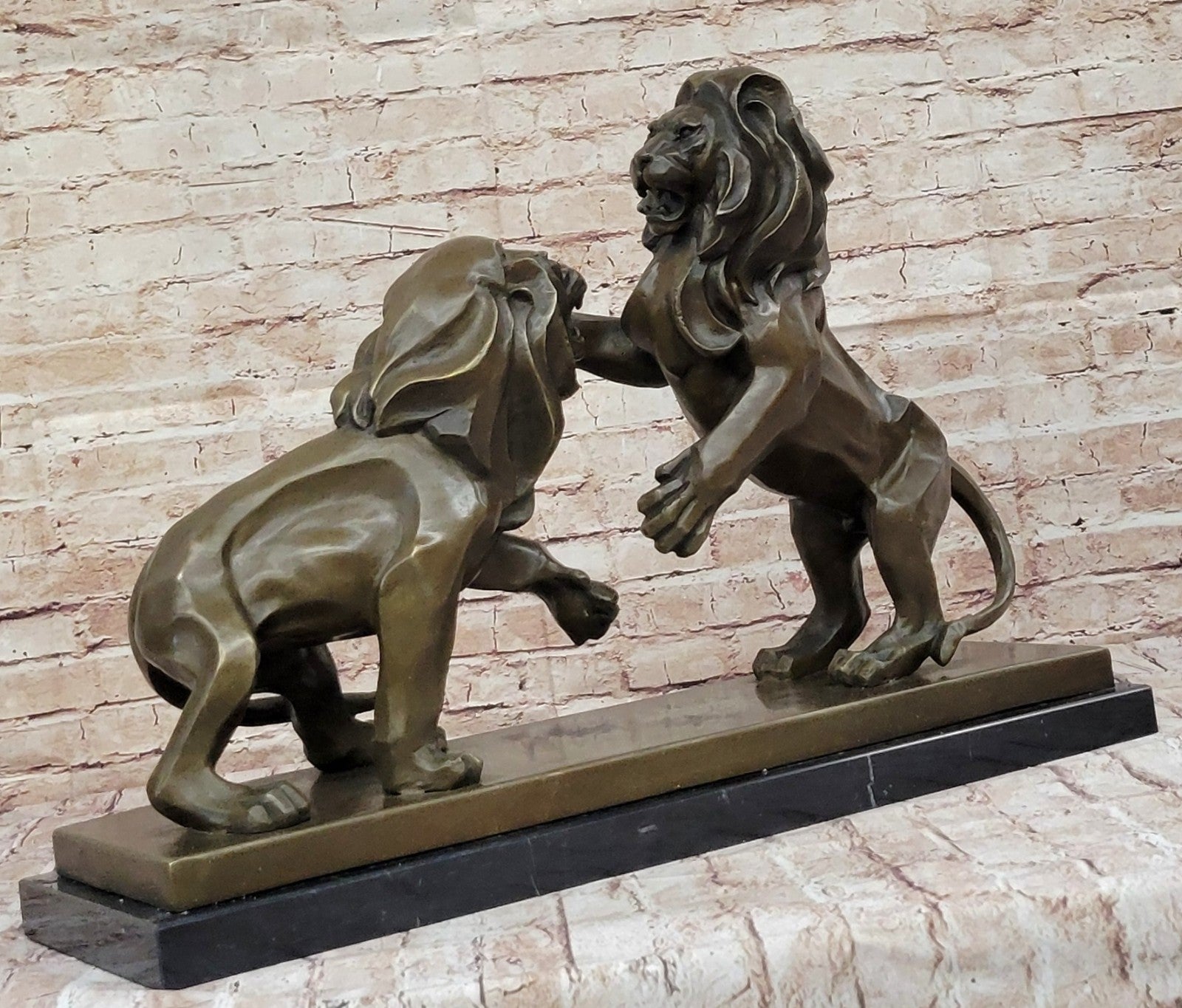 Hand Made Mid Century Modern Abstract 2 Lions Genuine Bronze Sculpture Decor