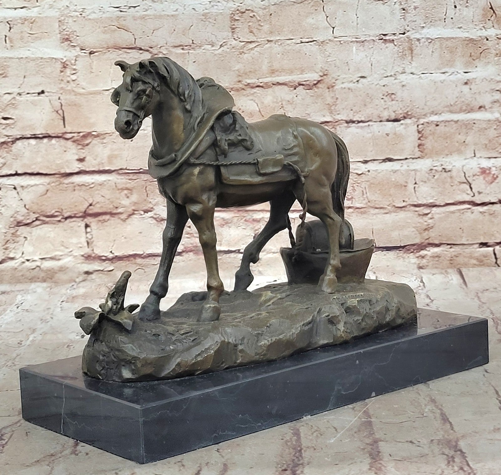 Handcrafted Work Horse Farm Bronze Sculpture Marble Base Figurine Figure