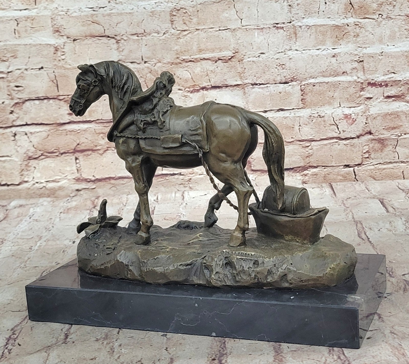 Handcrafted Work Horse Farm Bronze Sculpture Marble Base Figurine Figure