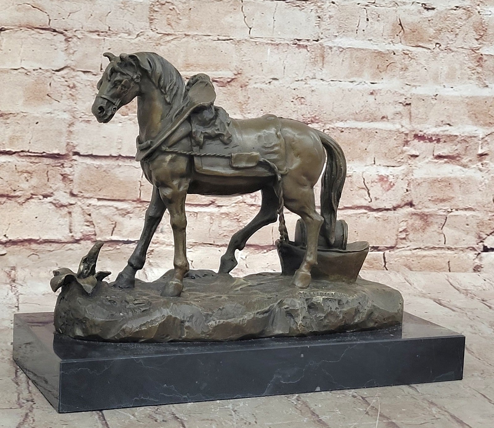 Handcrafted Work Horse Farm Bronze Sculpture Marble Base Figurine Figure