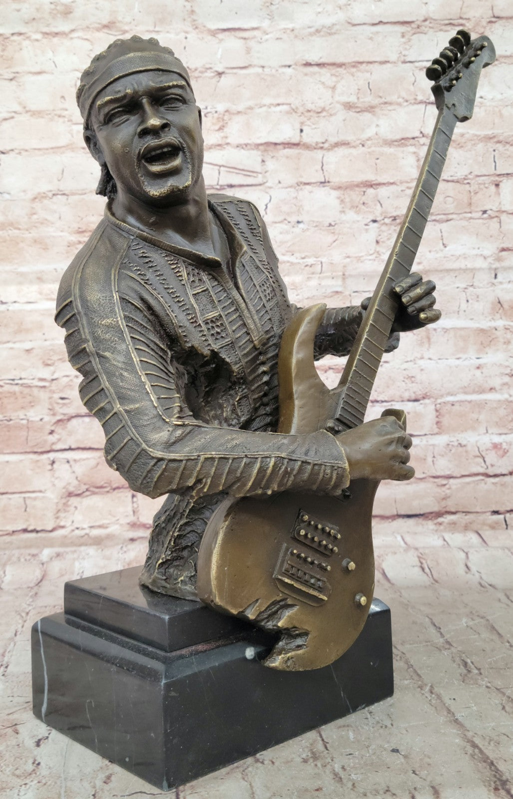 Signed Original Black Guitar Player Singer Bronze Sculpture Marble Statue Figure