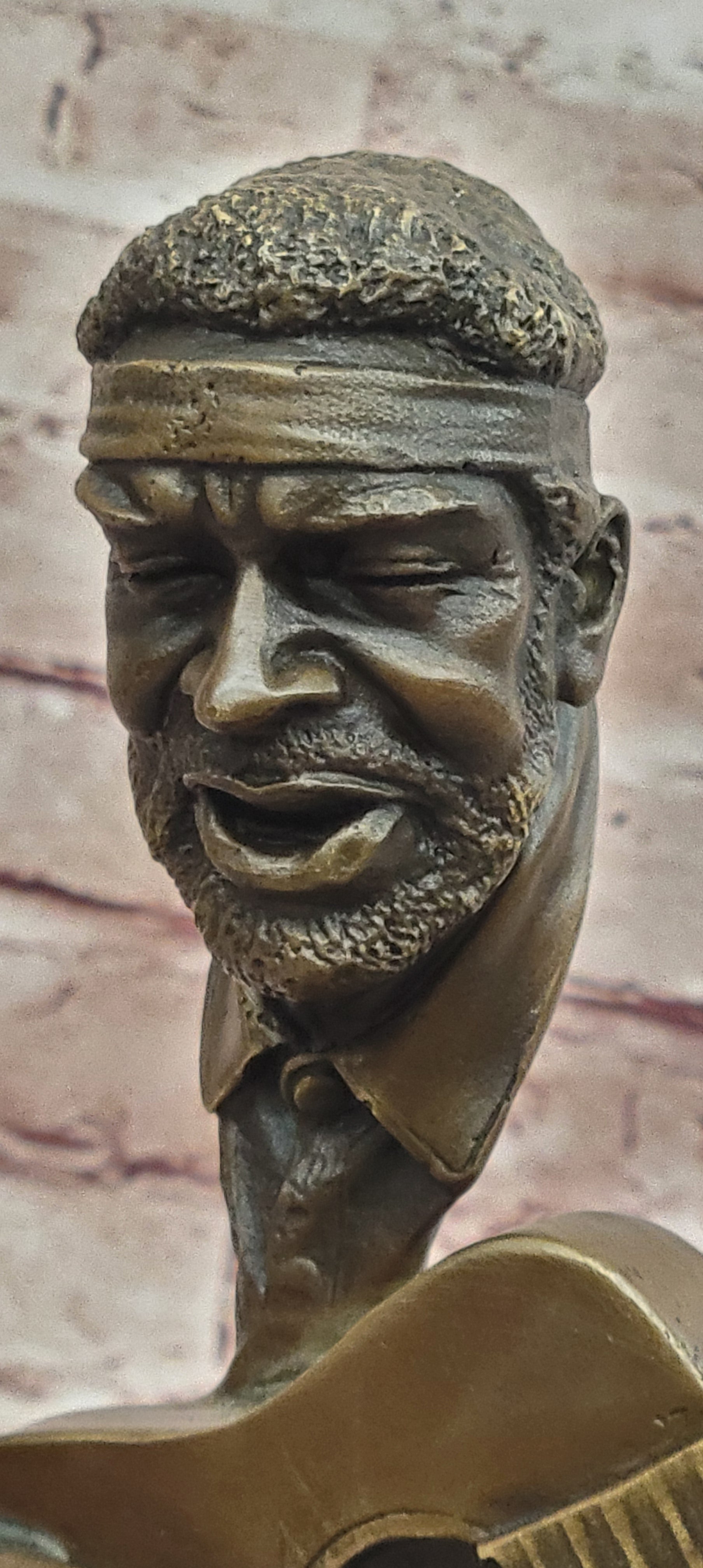 UNUSUAL MID-CENTURY MODERNIST solid 9 1/2" BRONZE SCULPTURE- BASE GUITAR PLAYER