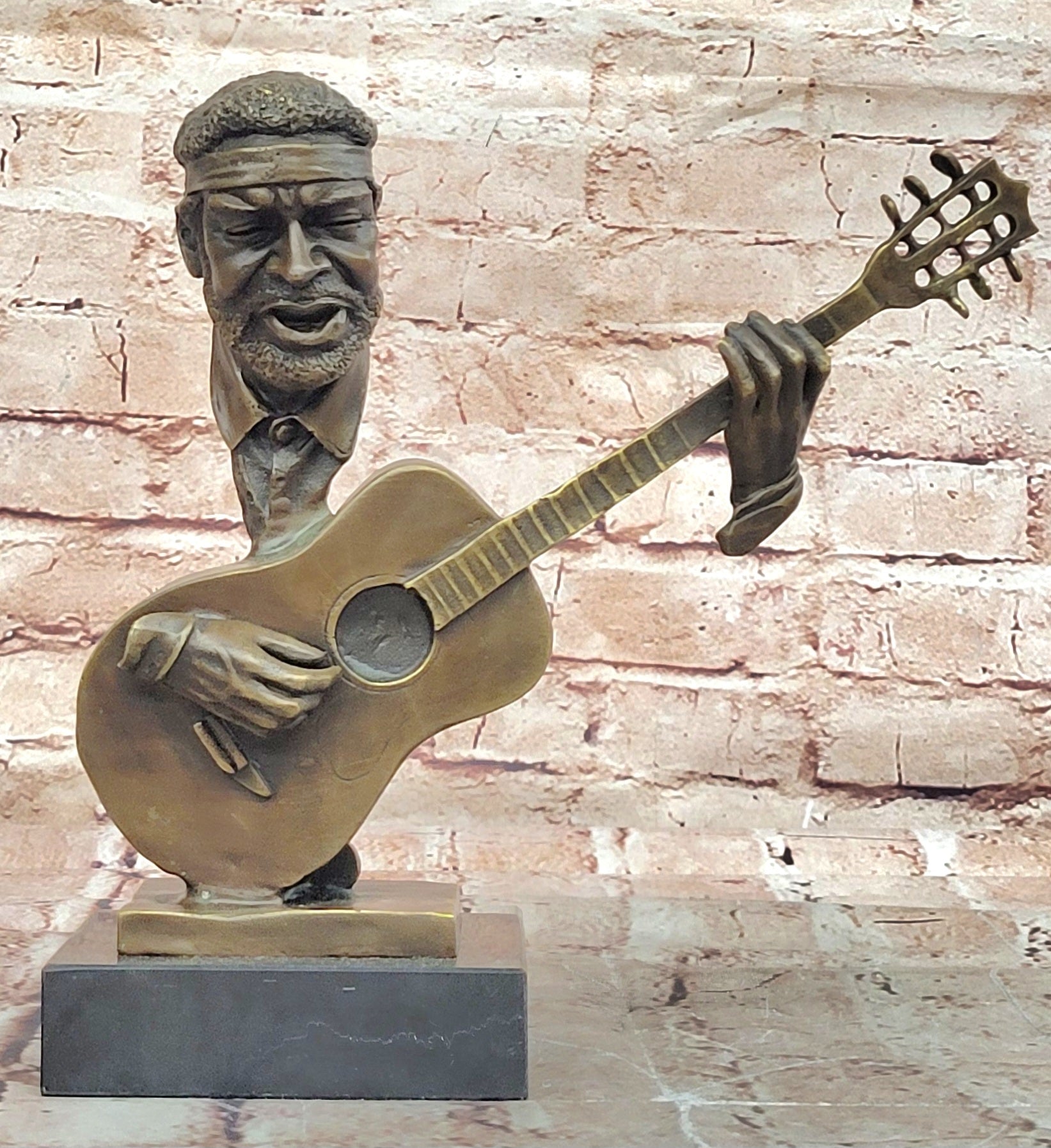 UNUSUAL MID-CENTURY MODERNIST solid 9 1/2" BRONZE SCULPTURE- BASE GUITAR PLAYER