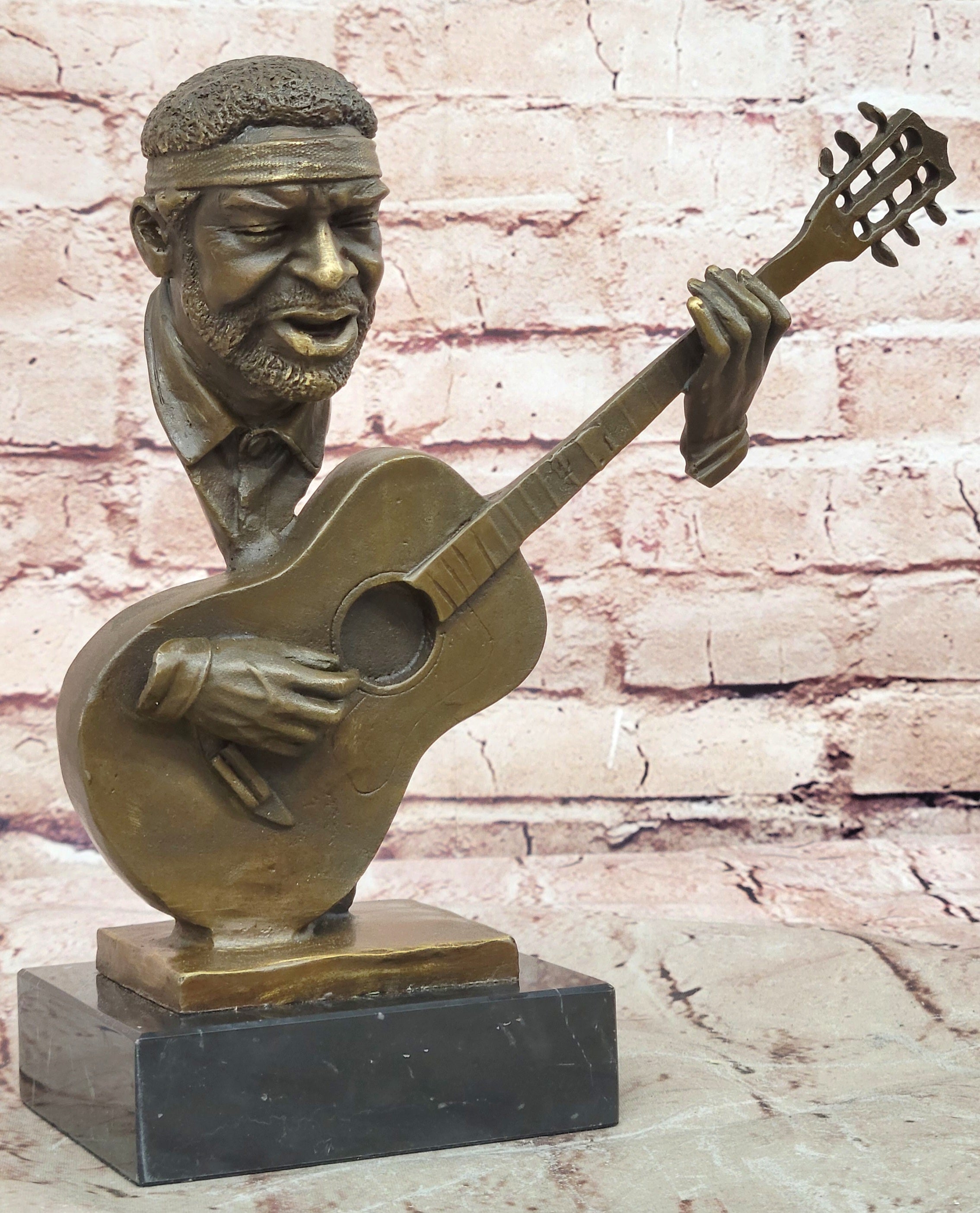 UNUSUAL MID-CENTURY MODERNIST solid 9 1/2" BRONZE SCULPTURE- BASE GUITAR PLAYER