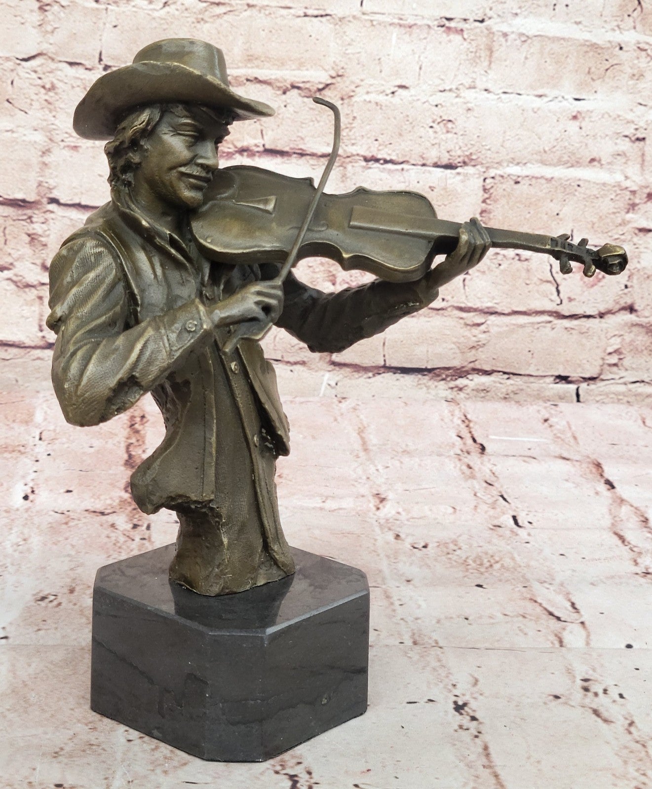Bronze sculpture of a cowboy playing a fiddle Hot Cast Western Old West Art