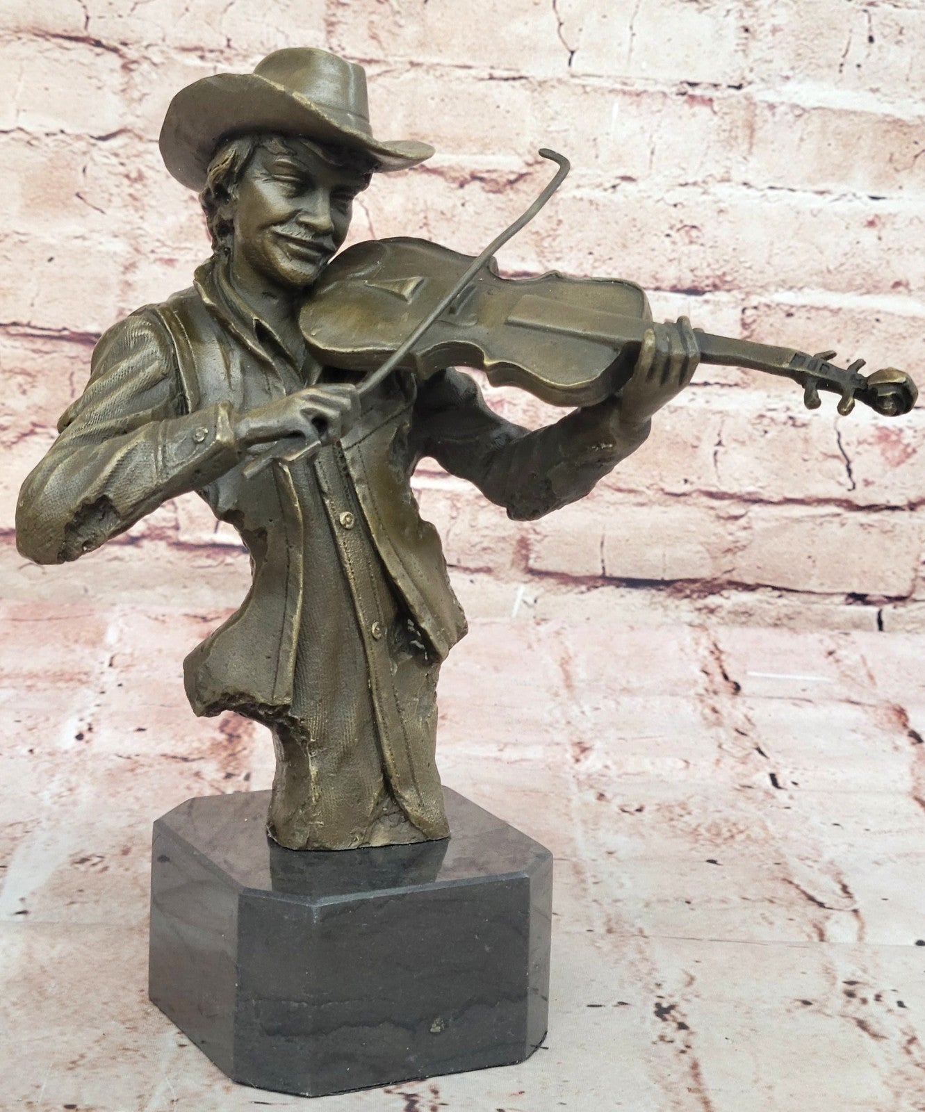Bronze sculpture of a cowboy playing a fiddle Hot Cast Western Old West Art