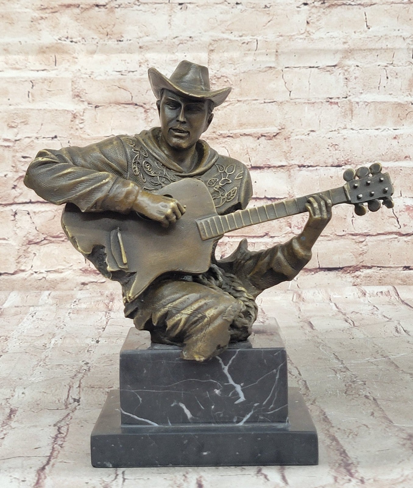Cowboy Man Playing Guitar Statue Sculpture Hot Cast Detailed Marble Figurine