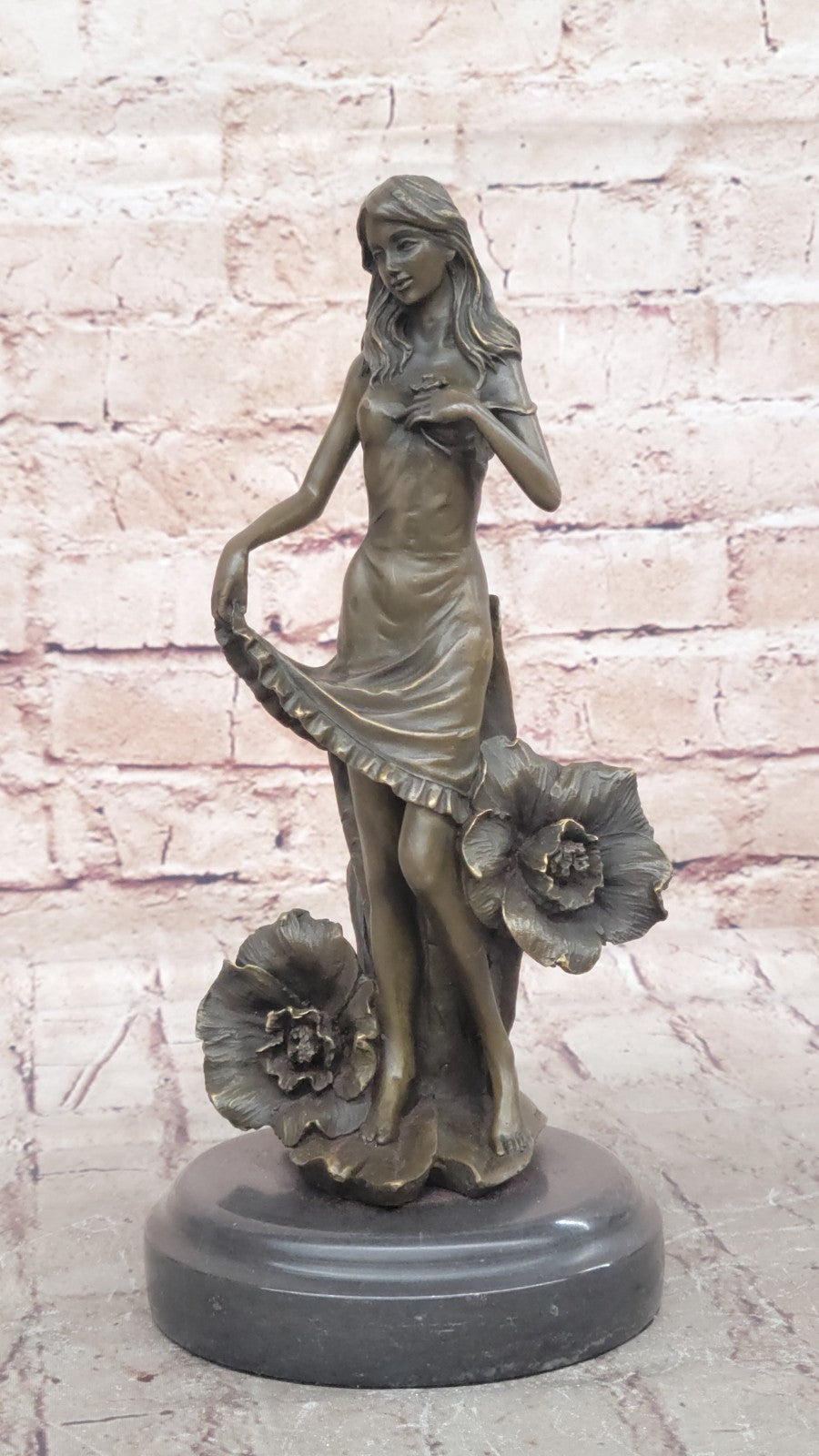 Art Deco Bronze Maiden: Signed Moreau Lily Girl with Flowers - Collectible Statue