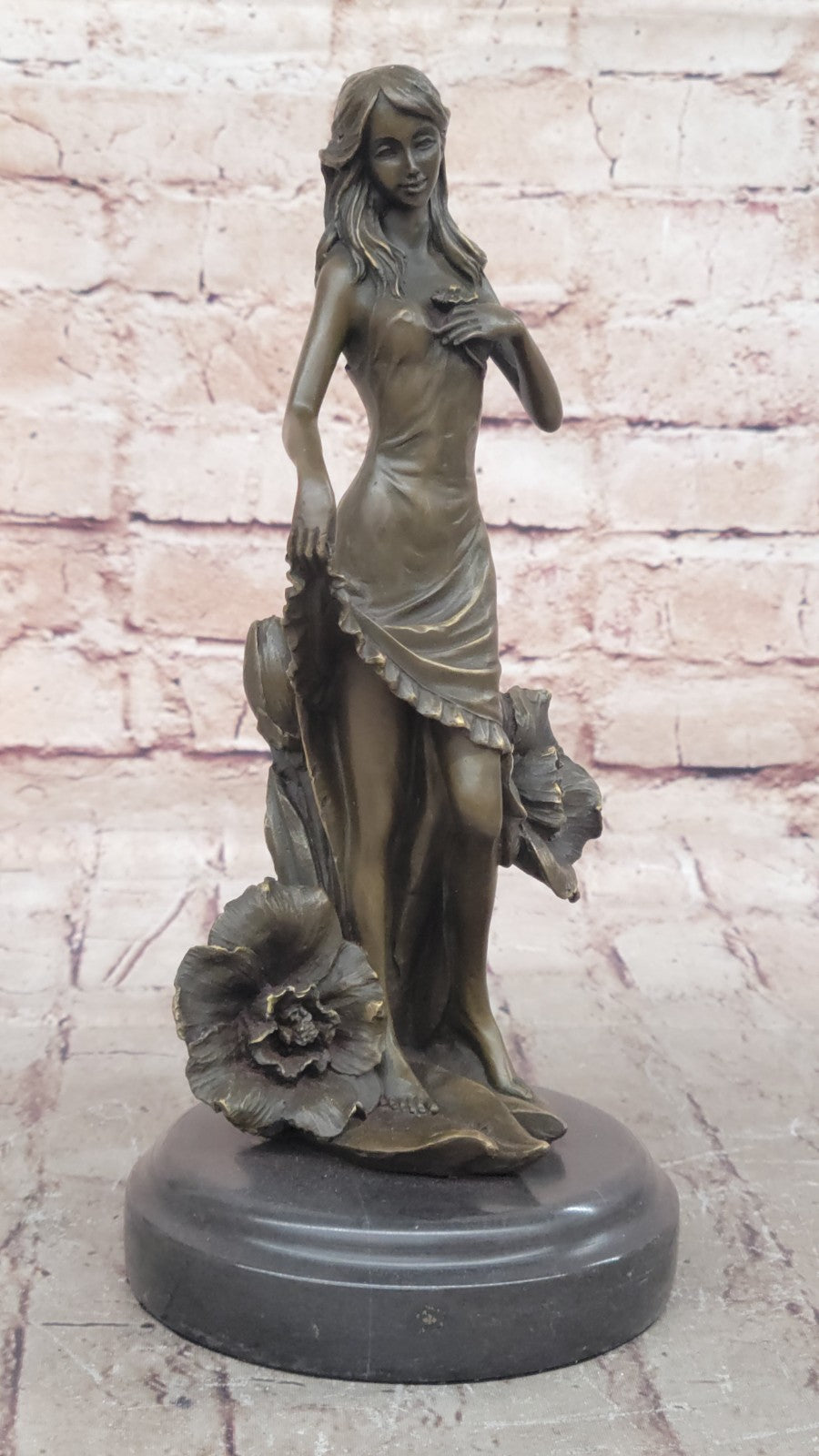 Art Deco Bronze Maiden: Signed Moreau Lily Girl with Flowers - Collectible Statue