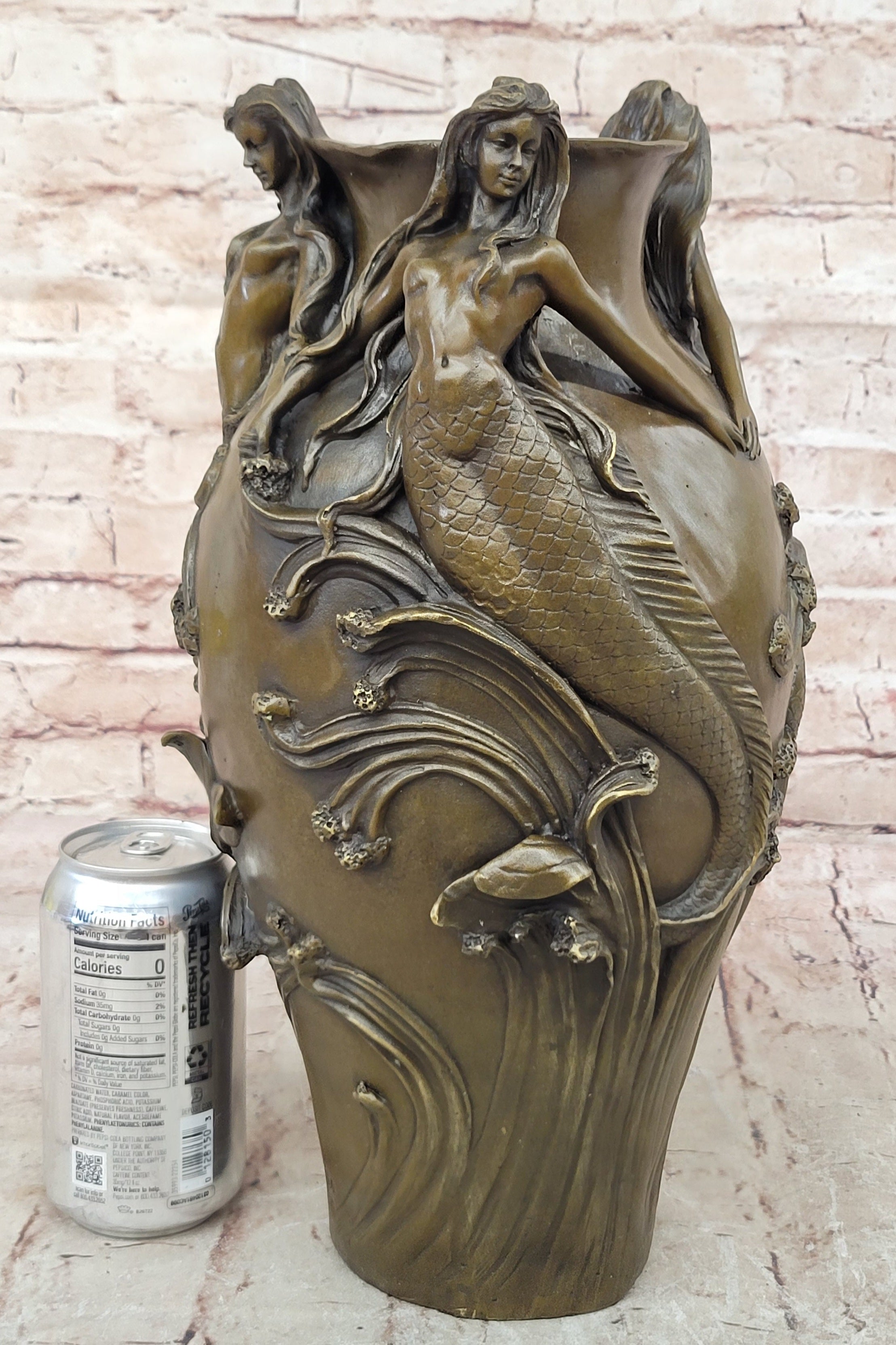 Bronze Sculpture Handcrafted Mermaid Vase Planter Home Office Decoration