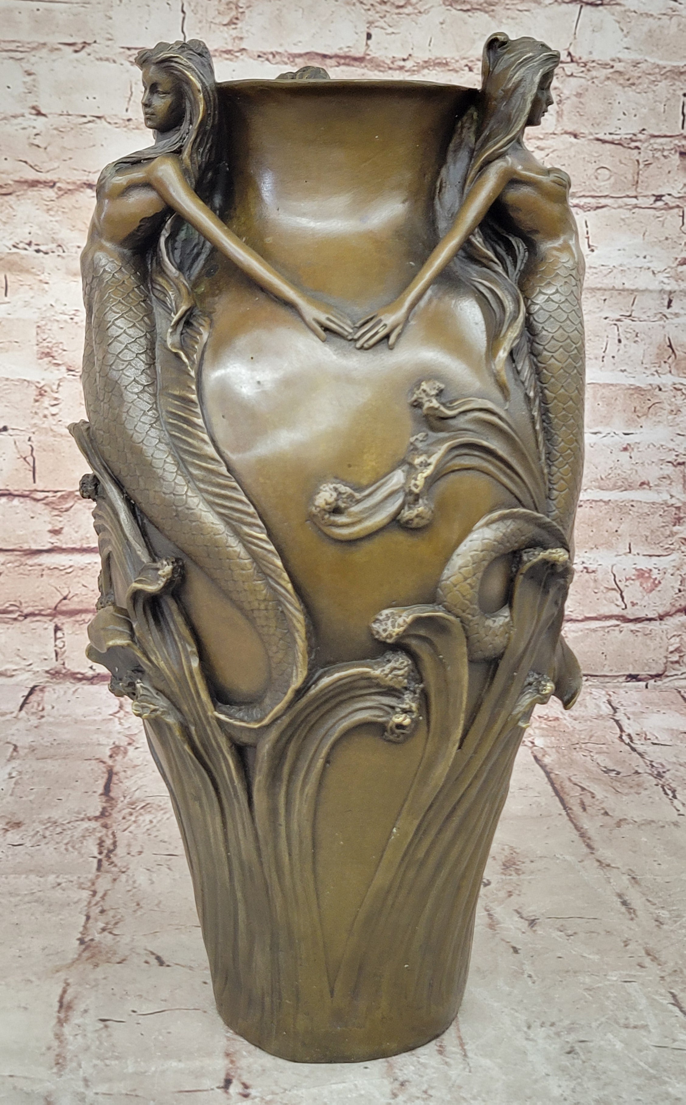 Bronze Sculpture Handcrafted Mermaid Vase Planter Home Office Decoration
