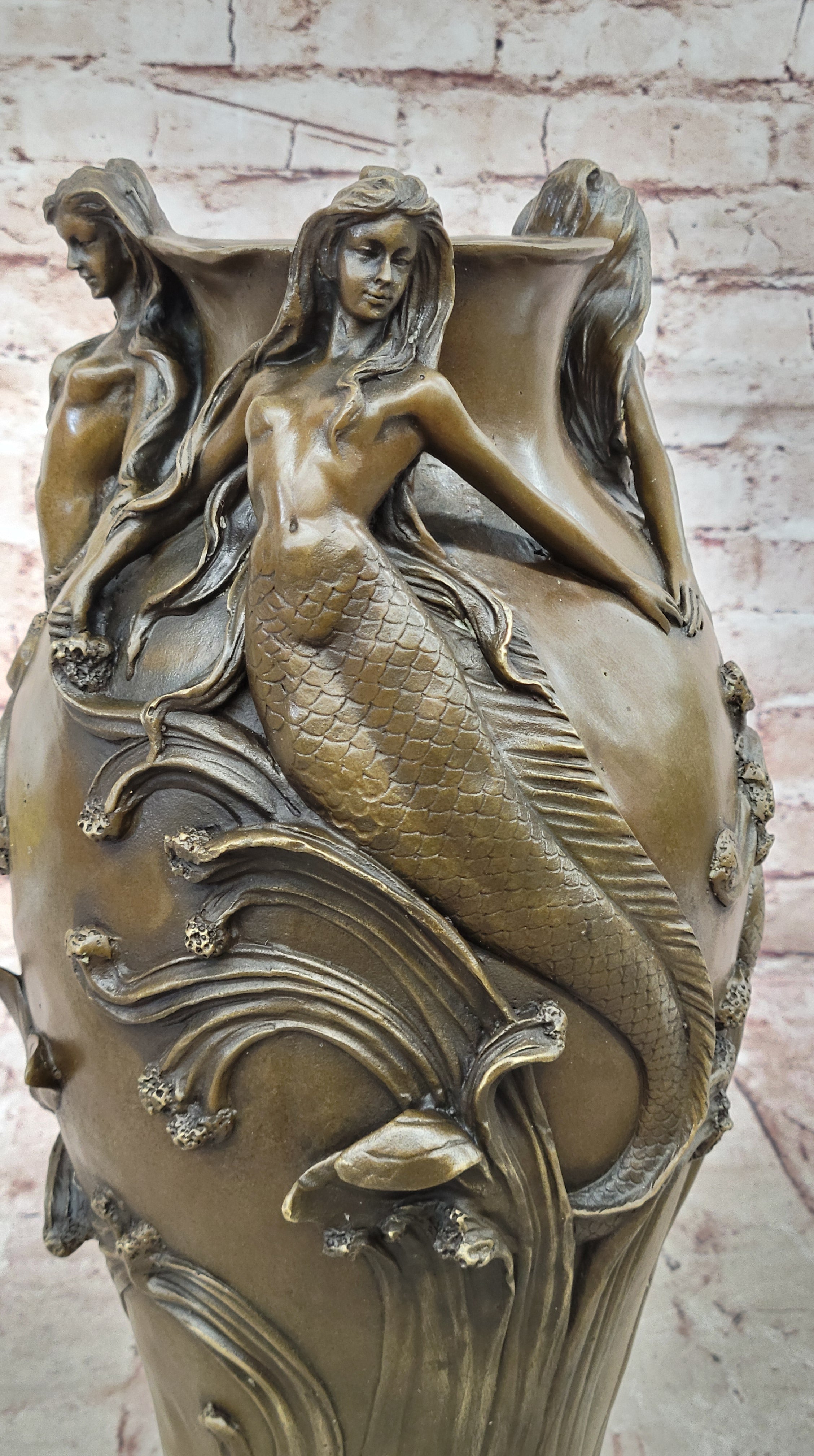 Bronze Sculpture Handcrafted Mermaid Vase Planter Home Office Decoration