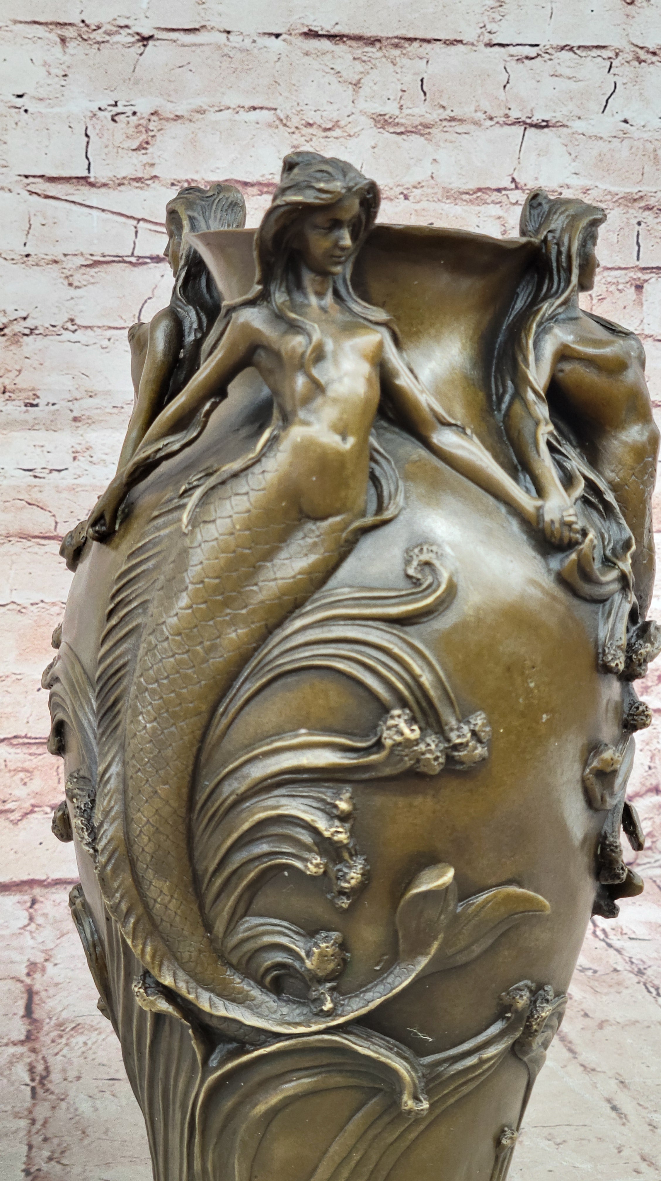 Bronze Sculpture Handcrafted Mermaid Vase Planter Home Office Decoration