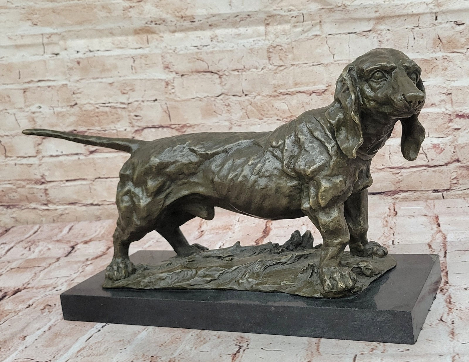 Handcrafted bronze sculpture SALE Bas Marble On Deco Art Dog Hound Basset Large