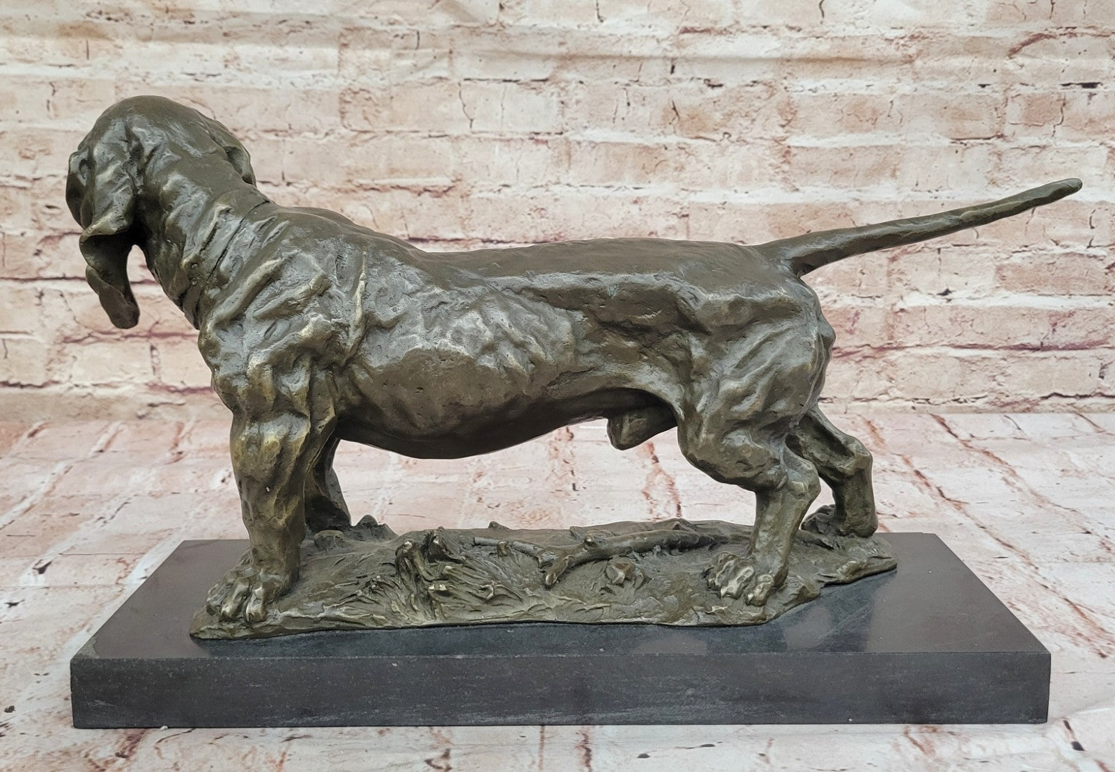 Handcrafted bronze sculpture SALE Bas Marble On Deco Art Dog Hound Basset Large
