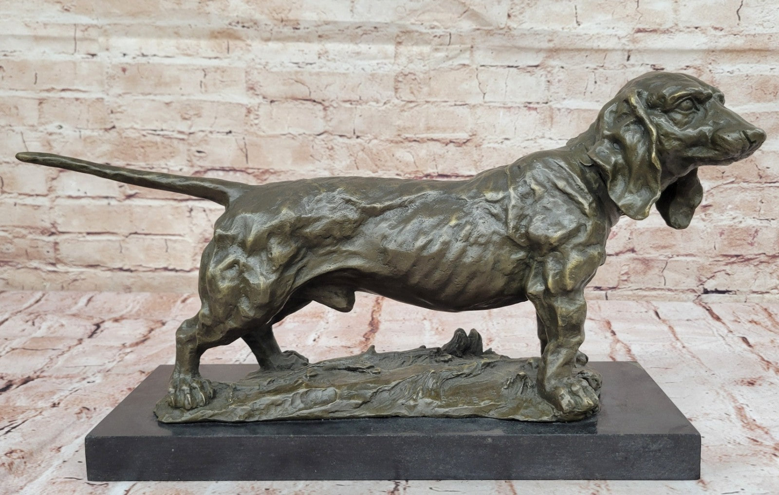 Handcrafted bronze sculpture SALE Bas Marble On Deco Art Dog Hound Basset Large