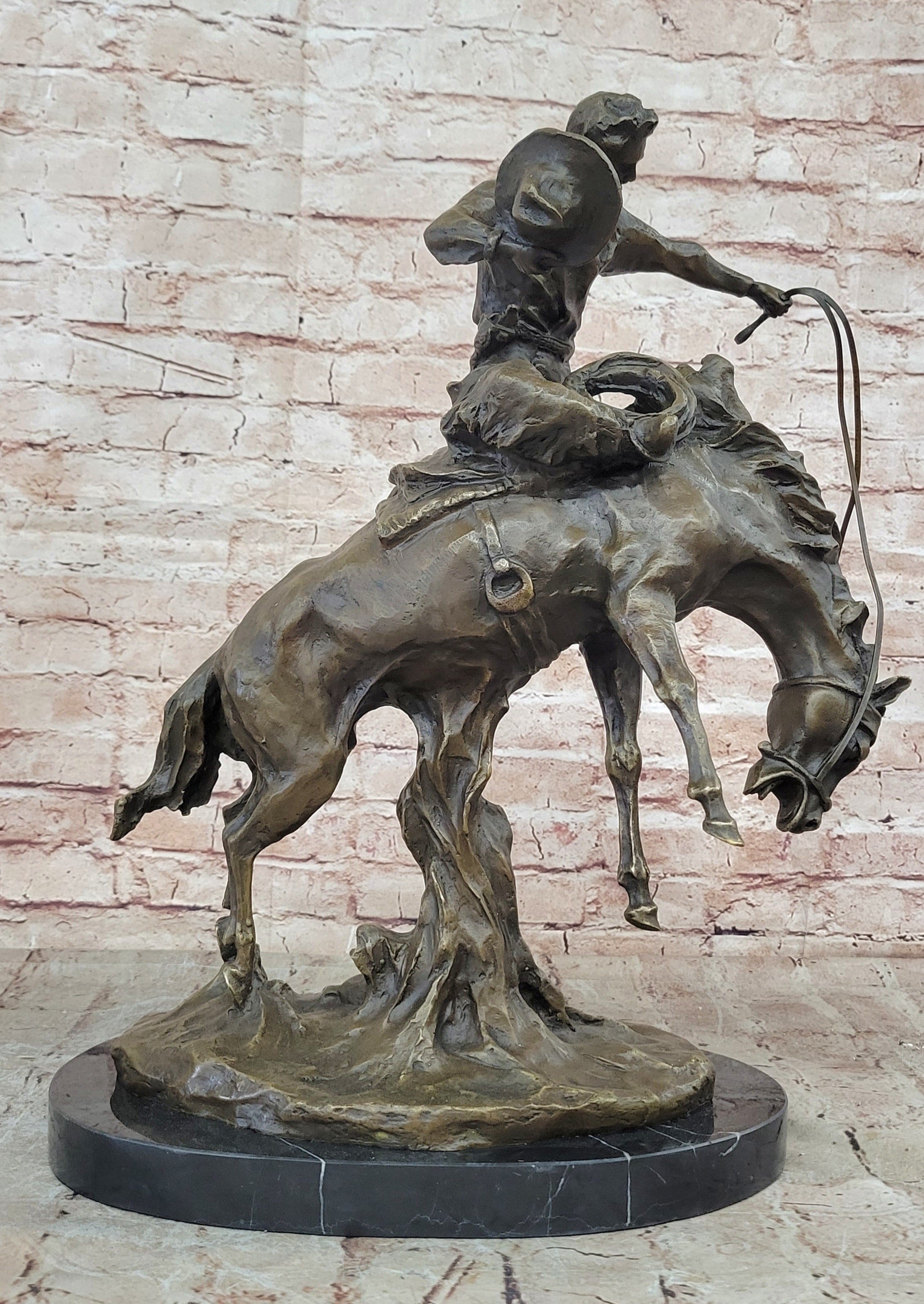 Large Bronco Buster 100% Bronze on Marble Sculpture Statue by Frederic Remington