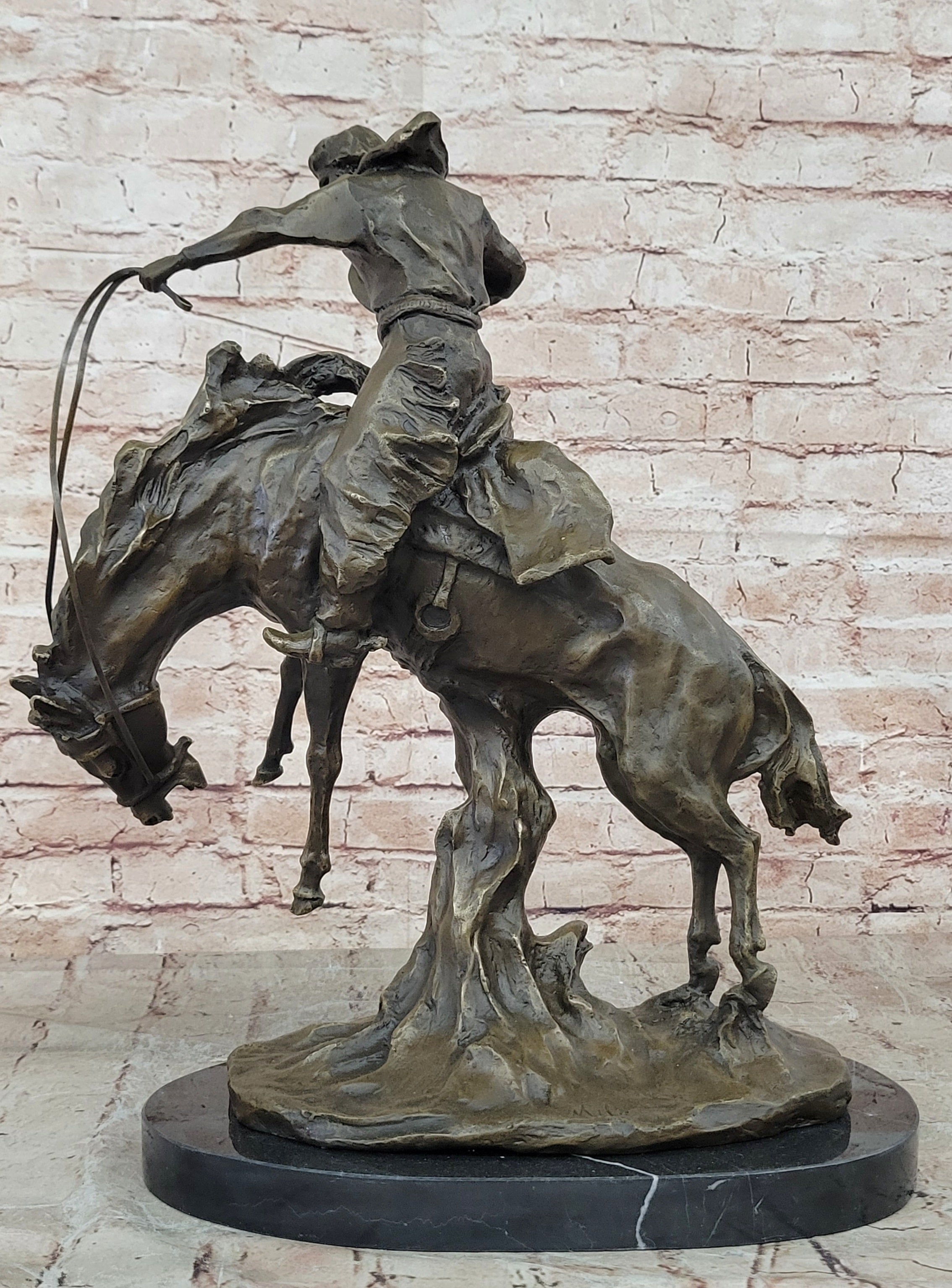 Large Bronco Buster 100% Bronze on Marble Sculpture Statue by Frederic Remington