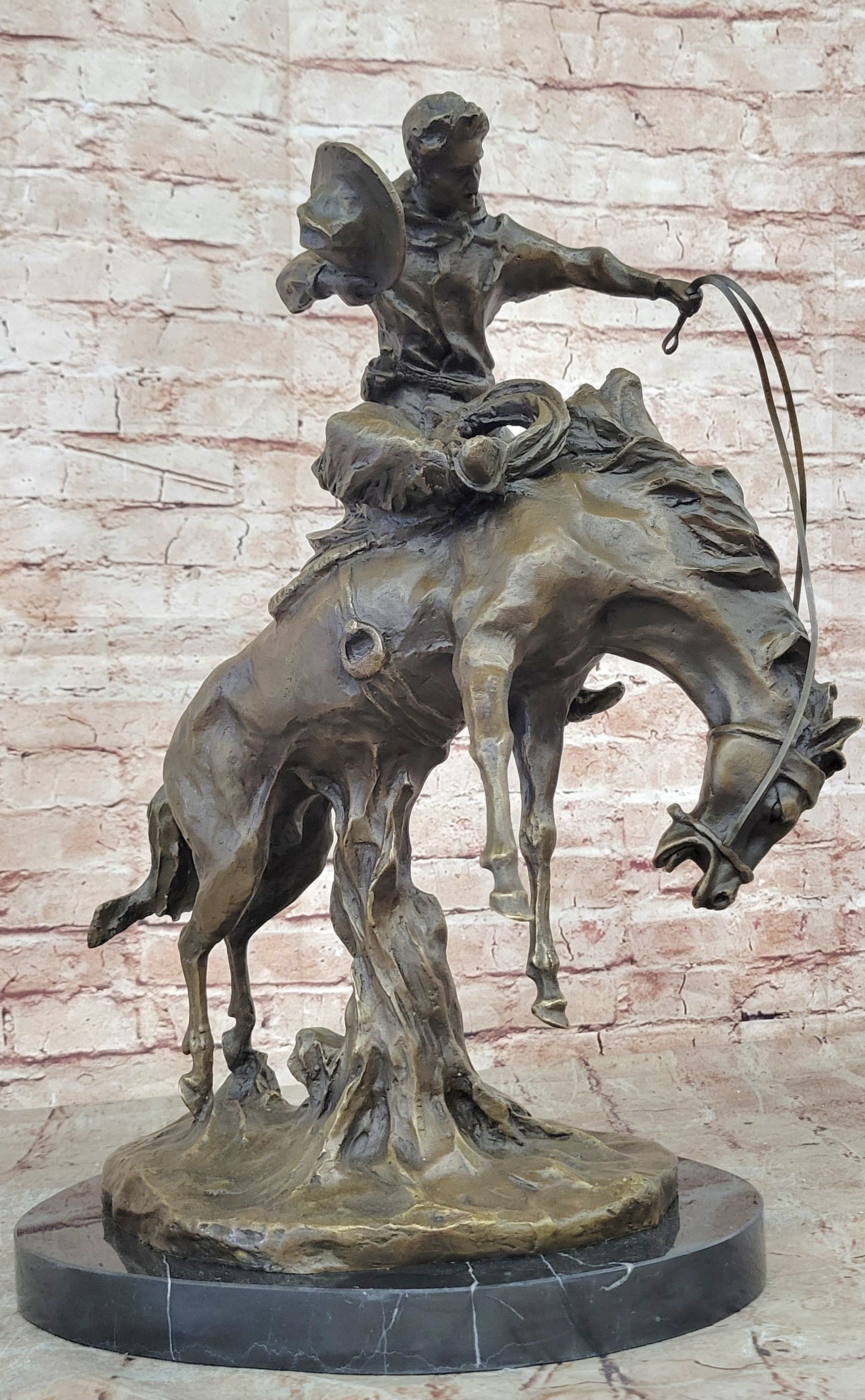 Large Bronco Buster 100% Bronze on Marble Sculpture Statue by Frederic Remington